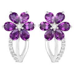Amethyst Flower Earrings With White Topaz 1.86 Carats Sterling Silver