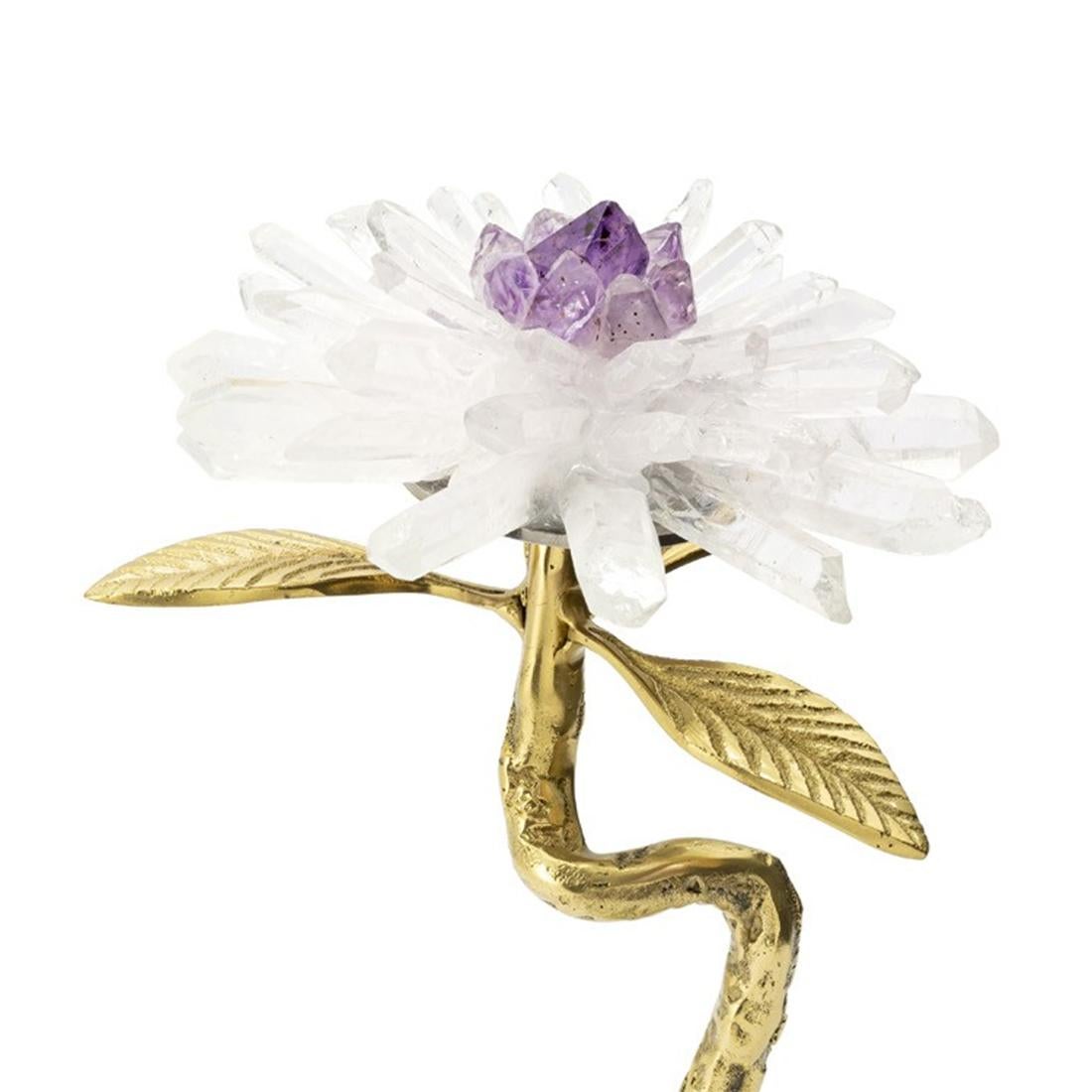 Sculpture amethyst flower I on marble base
with metal gold finish leaves, with minerals stones
sticks and with amethyst stone in the heart of the flower.