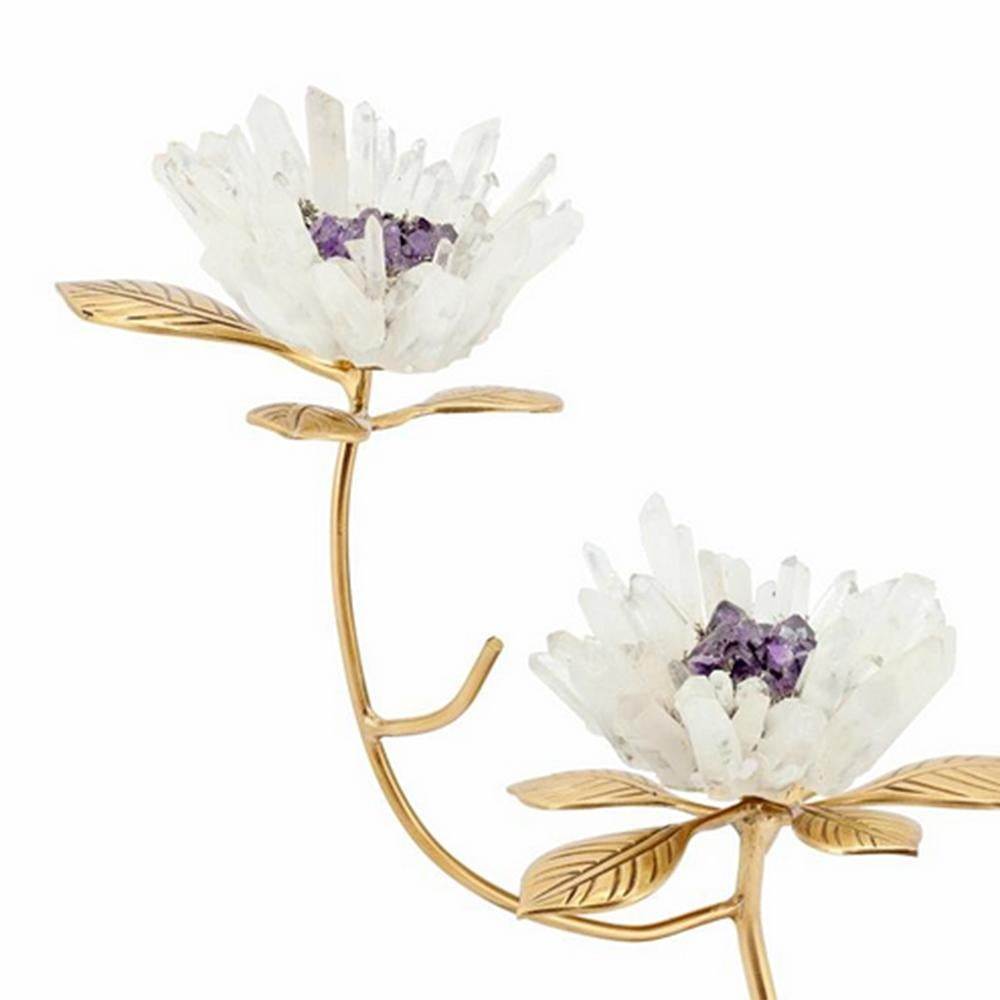 Sculpture Amethyst Flower II on glass base
with metal gold finish leaves, with minerals stones
sticks and with amethyst stone in the heart of the flower.