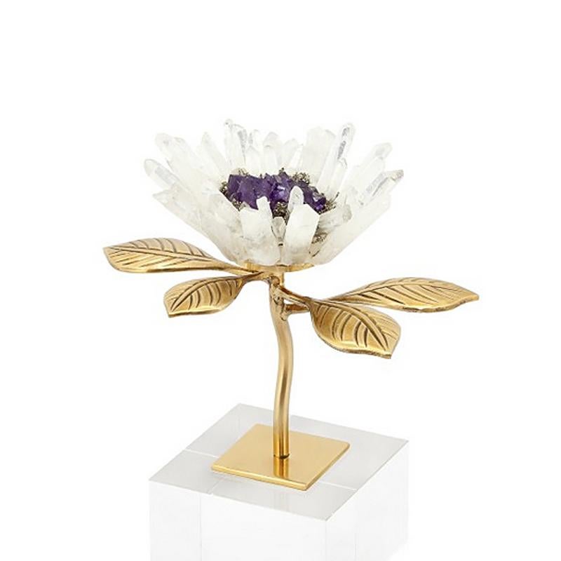 Sculpture Amethyst flower on glass base with metal gold finish leaves and with minerals stones sticks and with amethyst stone and precious stones in the heart of the flower.




 
