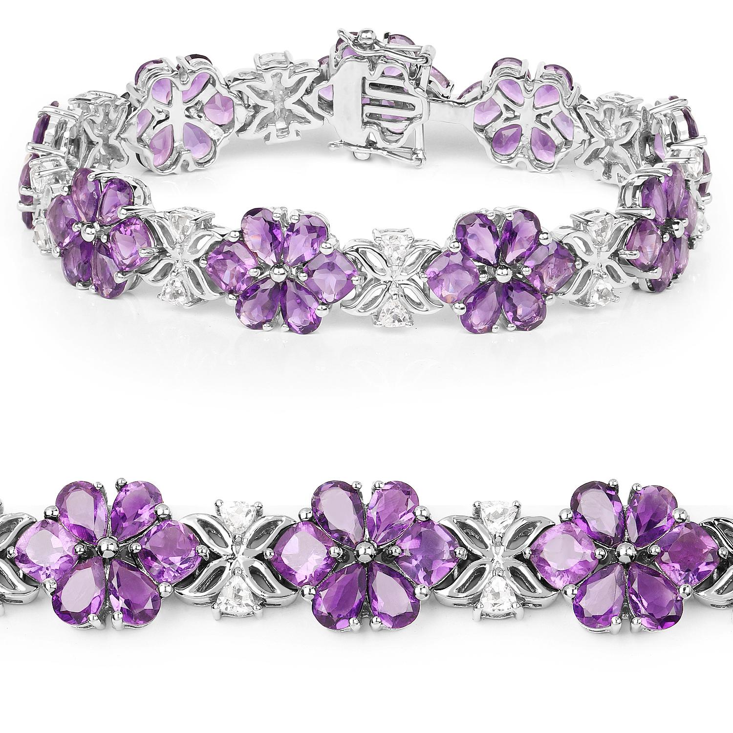 Contemporary Amethyst Flower Tennis Bracelet White Topaz 26 Carats Sterling Silver For Sale
