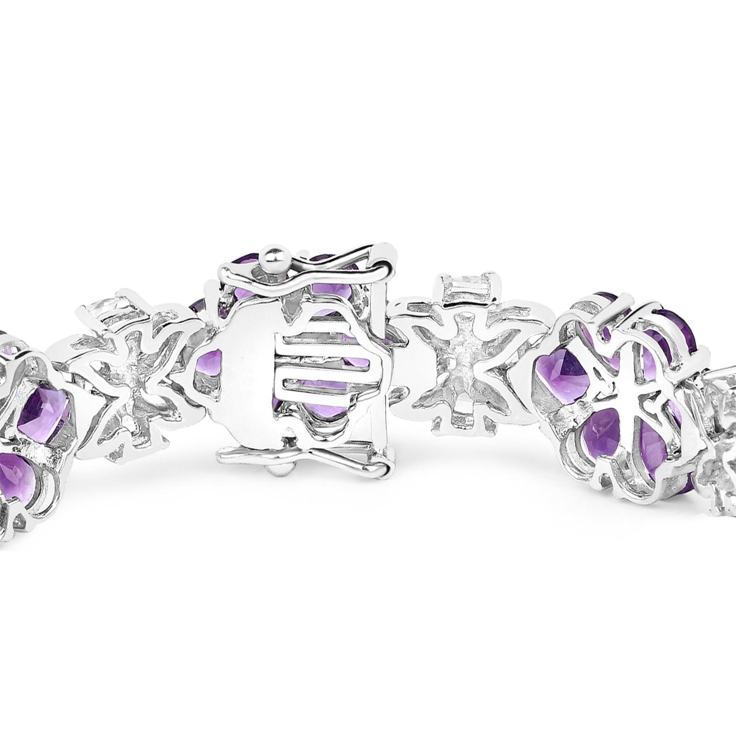 Pear Cut Amethyst Flower Tennis Bracelet White Topaz 26 Carats Sterling Silver For Sale
