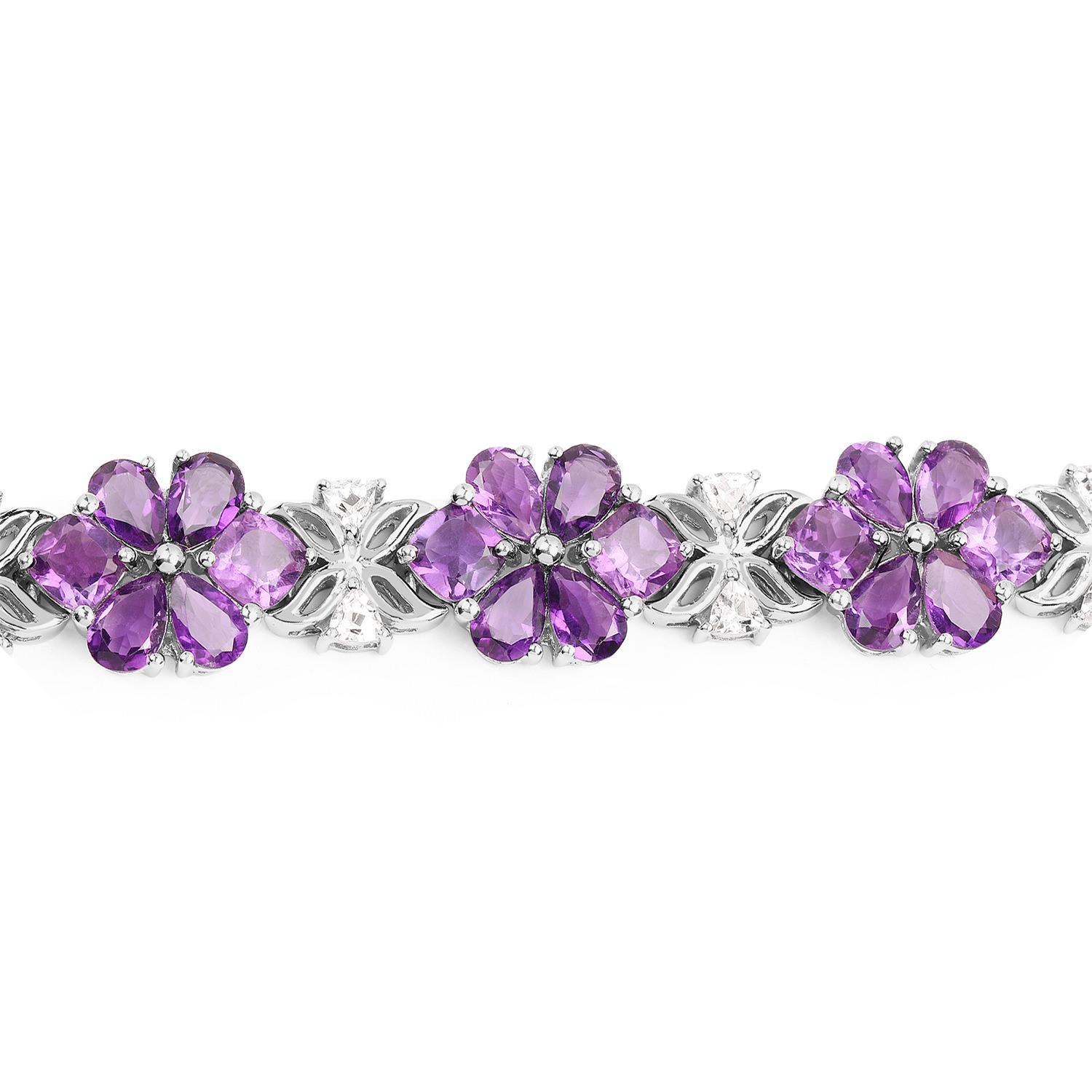 Amethyst Flower Tennis Bracelet White Topaz 26 Carats Sterling Silver In Excellent Condition For Sale In Aliso Viejo, CA
