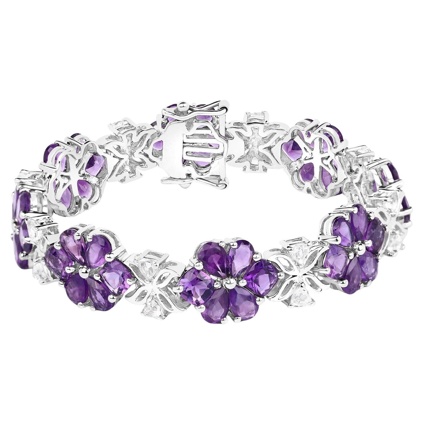 Amethyst Flower Tennis Bracelet White Topaz 26 Carats Sterling Silver