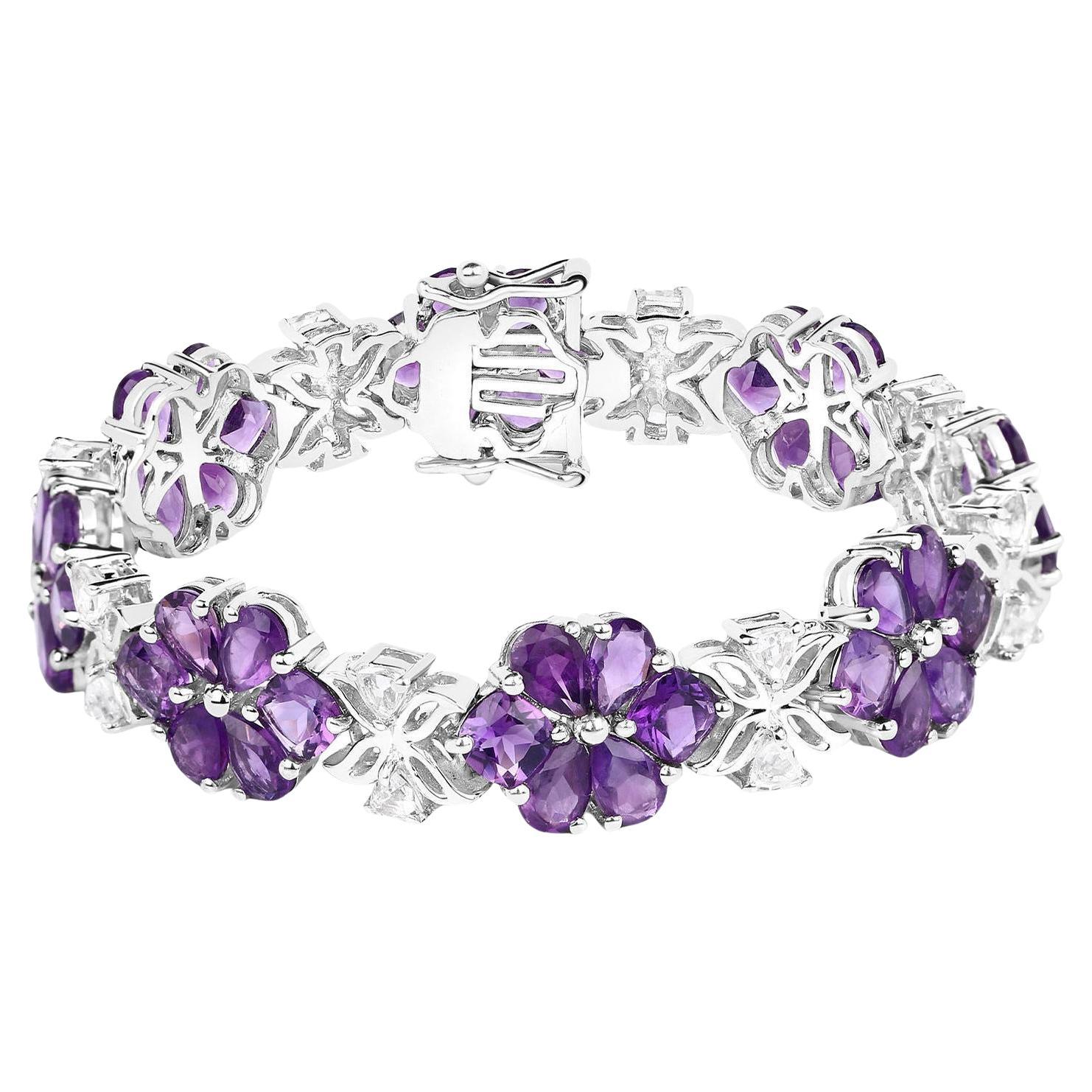 Amethyst Flower Tennis Bracelet White Topaz 26 Carats Sterling Silver For Sale