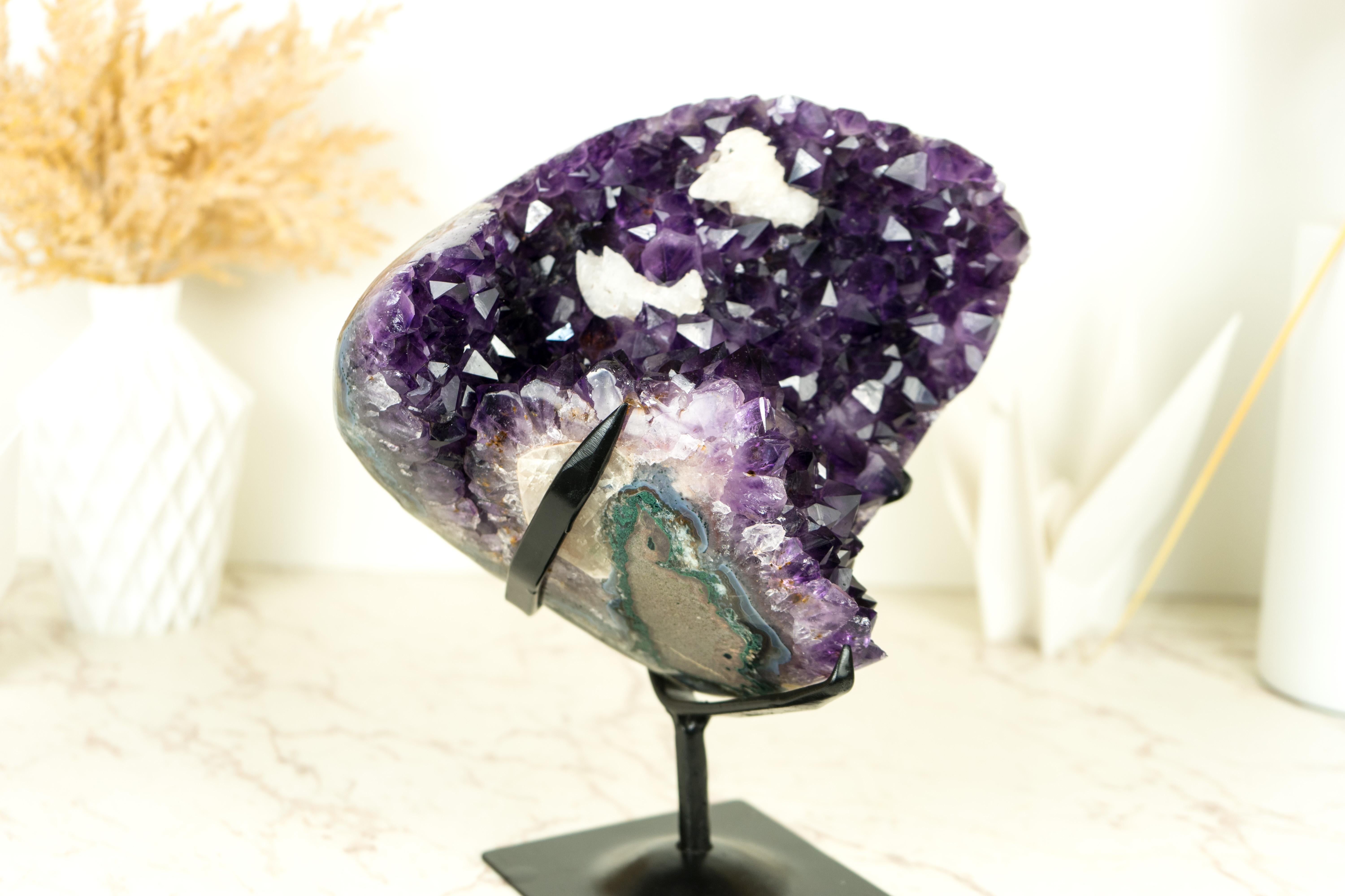 Brazilian Amethyst Flower with Calcite Cluster with Deep Purple Amethyst For Sale