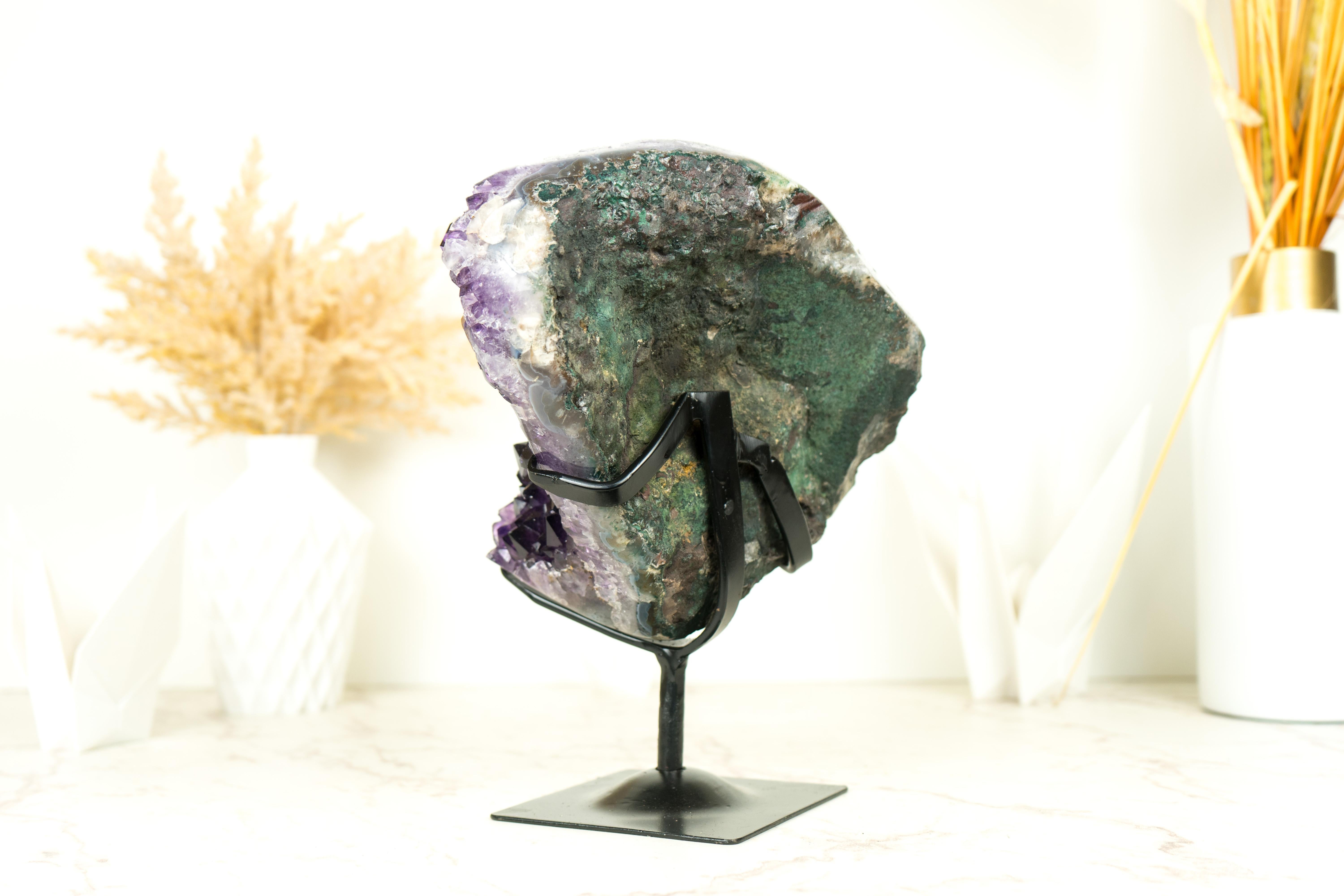 Contemporary Amethyst Flower with Calcite Cluster with Deep Purple Amethyst For Sale