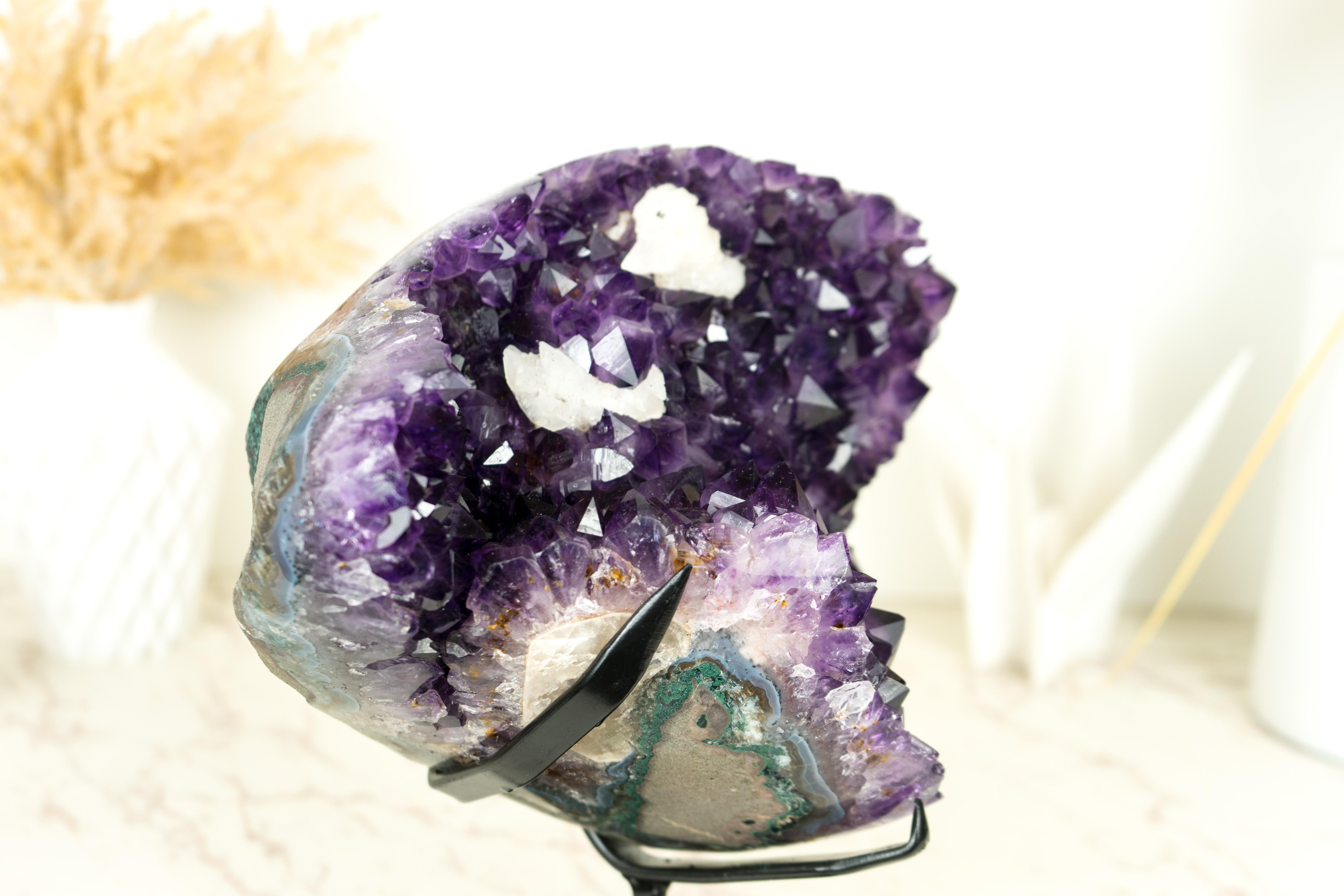 Agate Amethyst Flower with Calcite Cluster with Deep Purple Amethyst For Sale