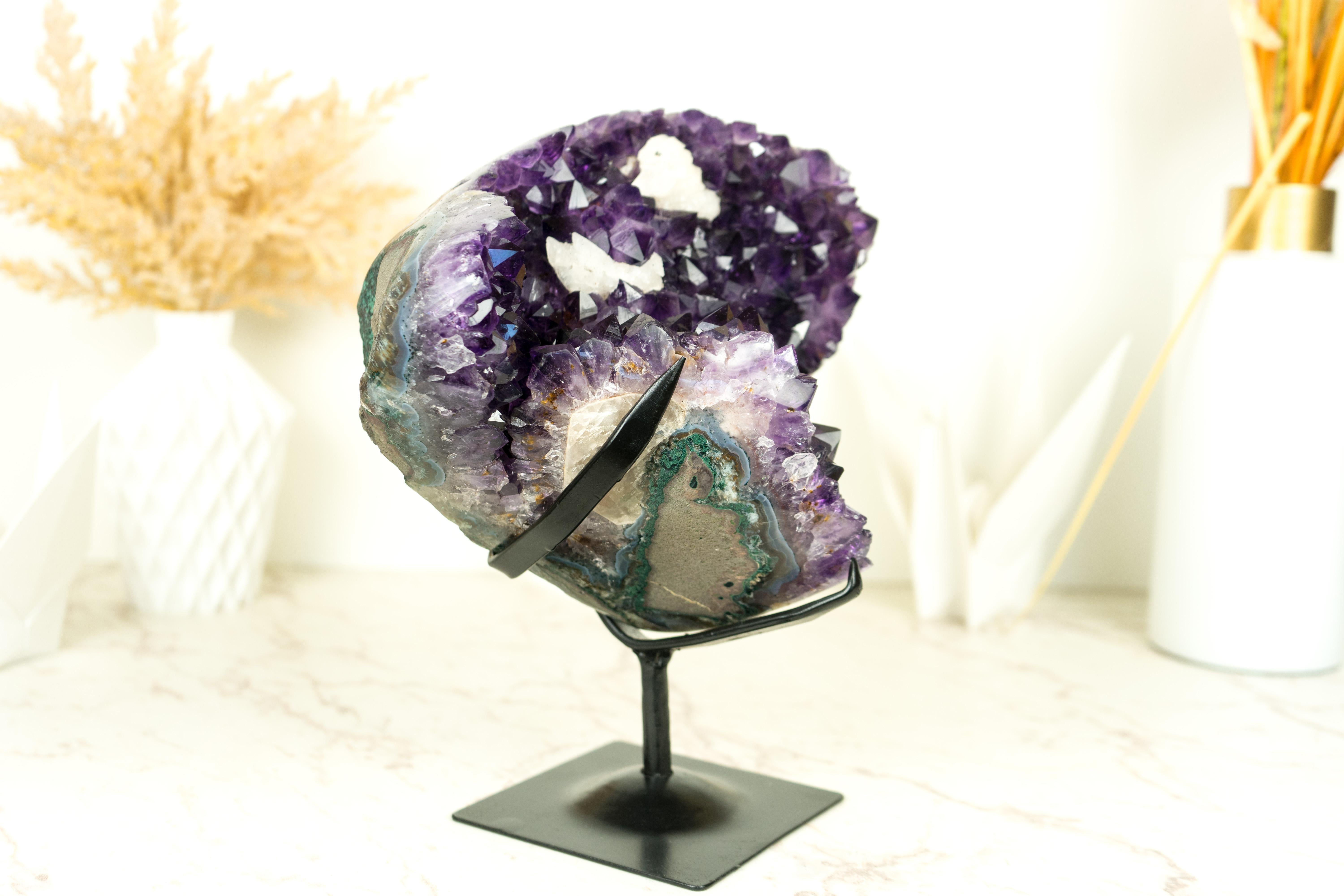 Amethyst Flower with Calcite Cluster with Deep Purple Amethyst For Sale 1