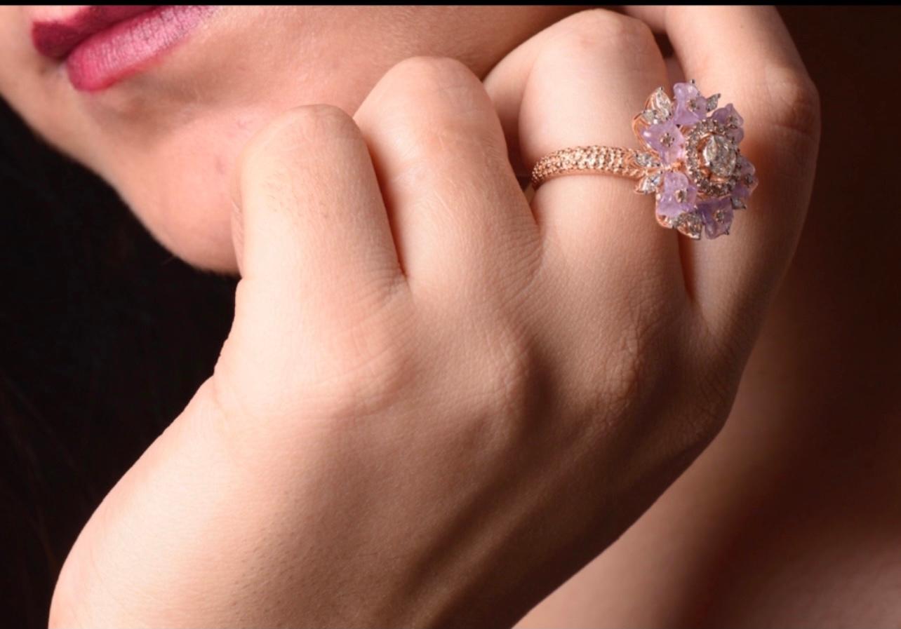 Women's Amethyst Flowers and Diamond Ring For Sale