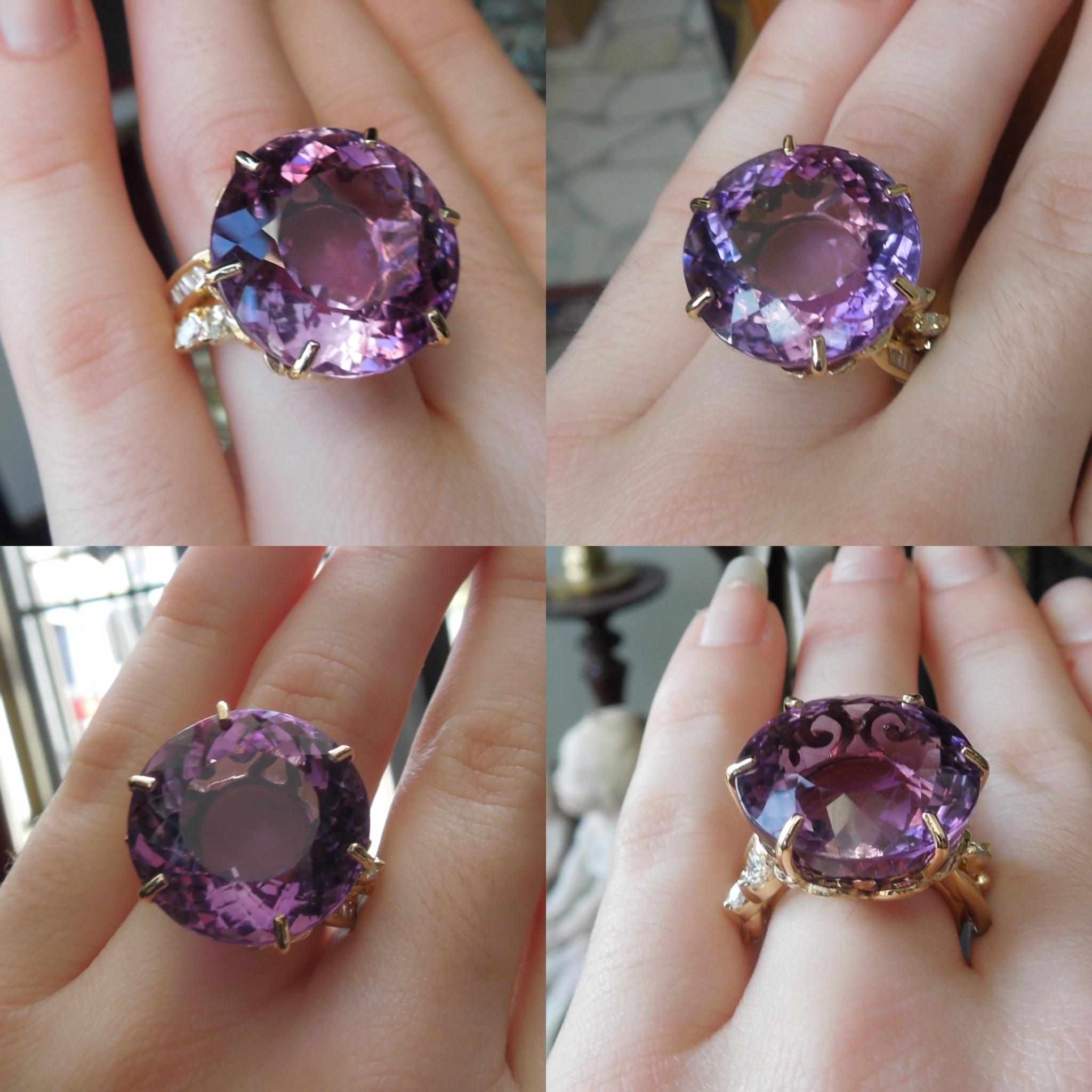 Constructed completely of 14 Karat Yellow Gold, featuring a focal 35 carat Natural Intense Purple Amethyst, at 21mm in diameter, securely set in a 6-Prong mounting. Displaying every characteristic of a fine Brazilian Amethyst as well as in an older