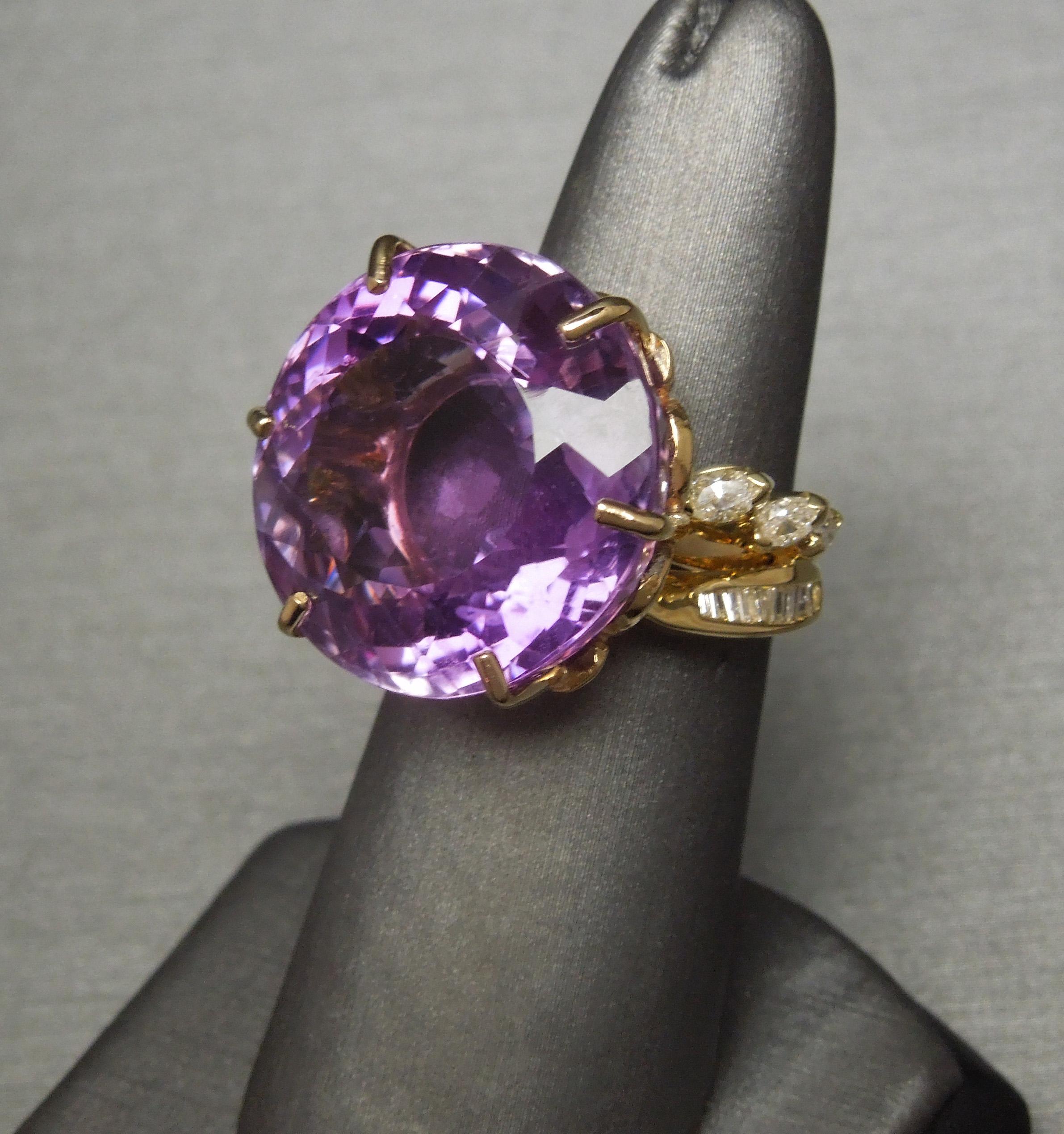 Round Cut Mid-Century European Cut 35 Carat Amethyst Solitaire Ring For Sale
