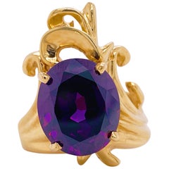 Amethyst Freeform Ring, 14 Karat Yellow Gold, Oval Amethyst 7 Carat Amethyst Gem