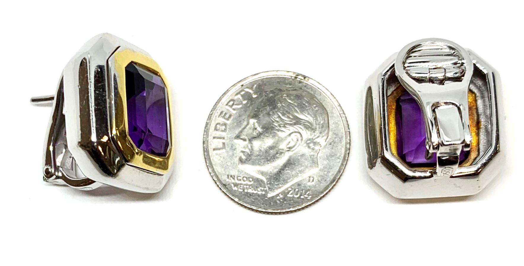 Artisan Amethyst French Clip Earrings in 18K White and Yellow Gold For Sale