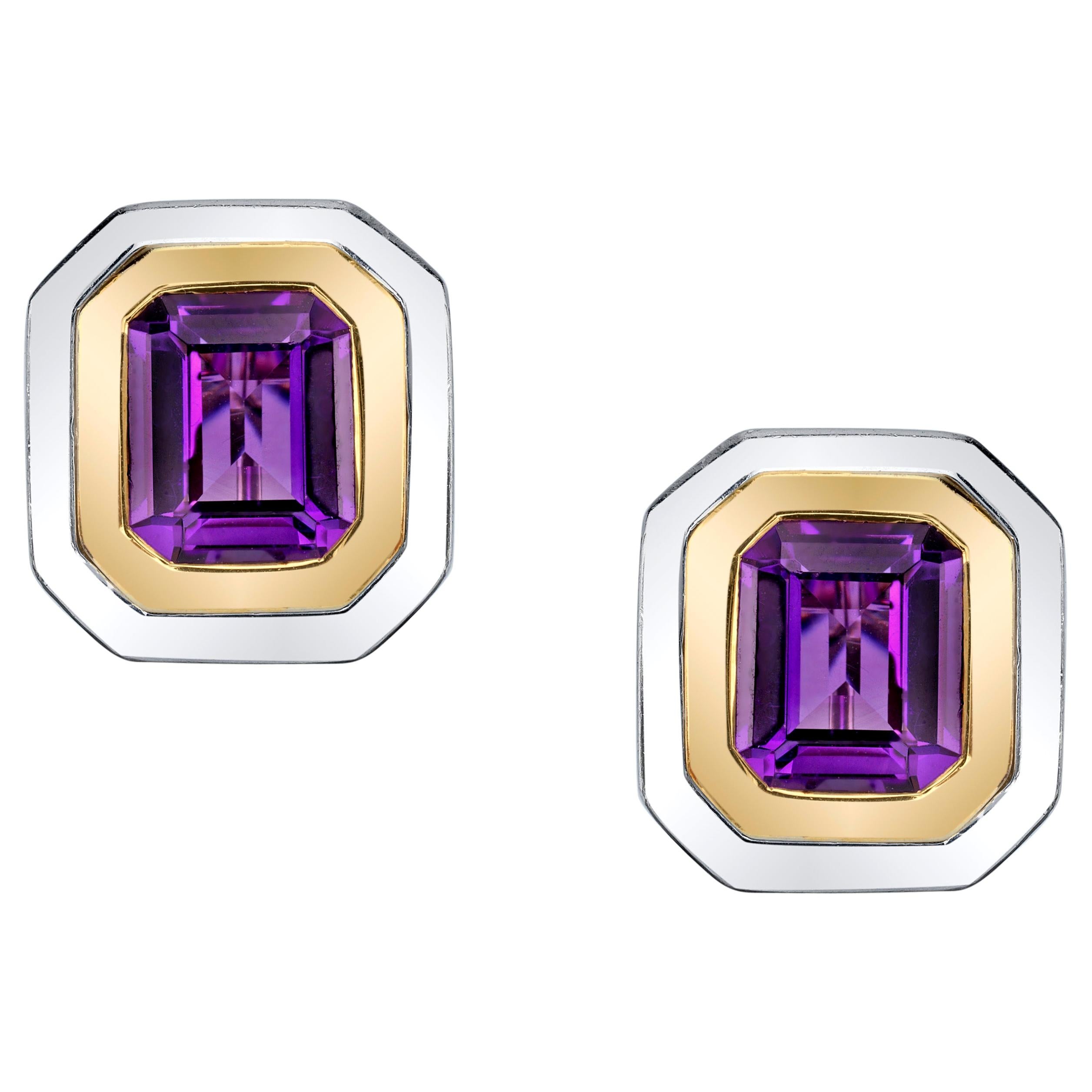  Amethyst French Clip Earrings in 18K White and Yellow Gold For Sale