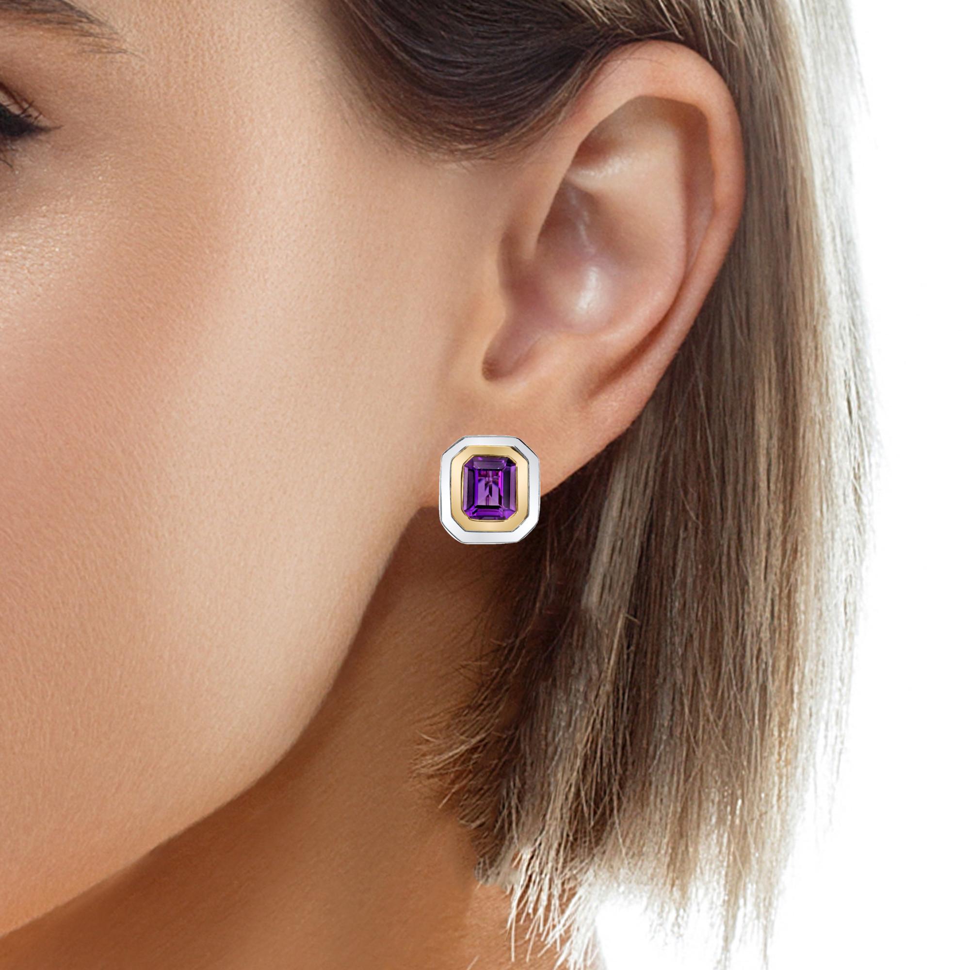  Amethyst French Clip Earrings in 18K White and Yellow Gold For Sale 3