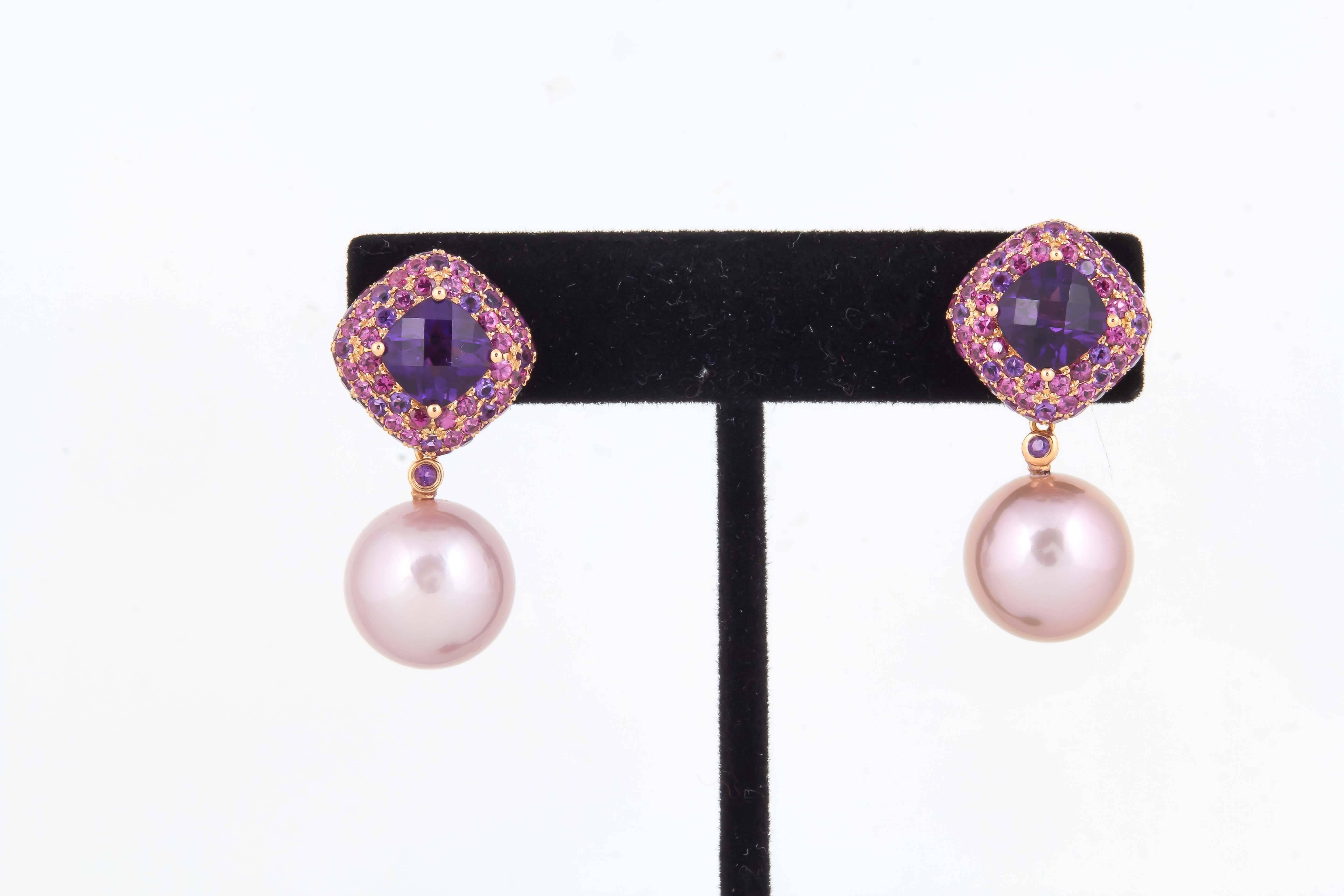 Contemporary Amethyst Fresh Water Pearl Gold Dangle Stud Earrings For Sale