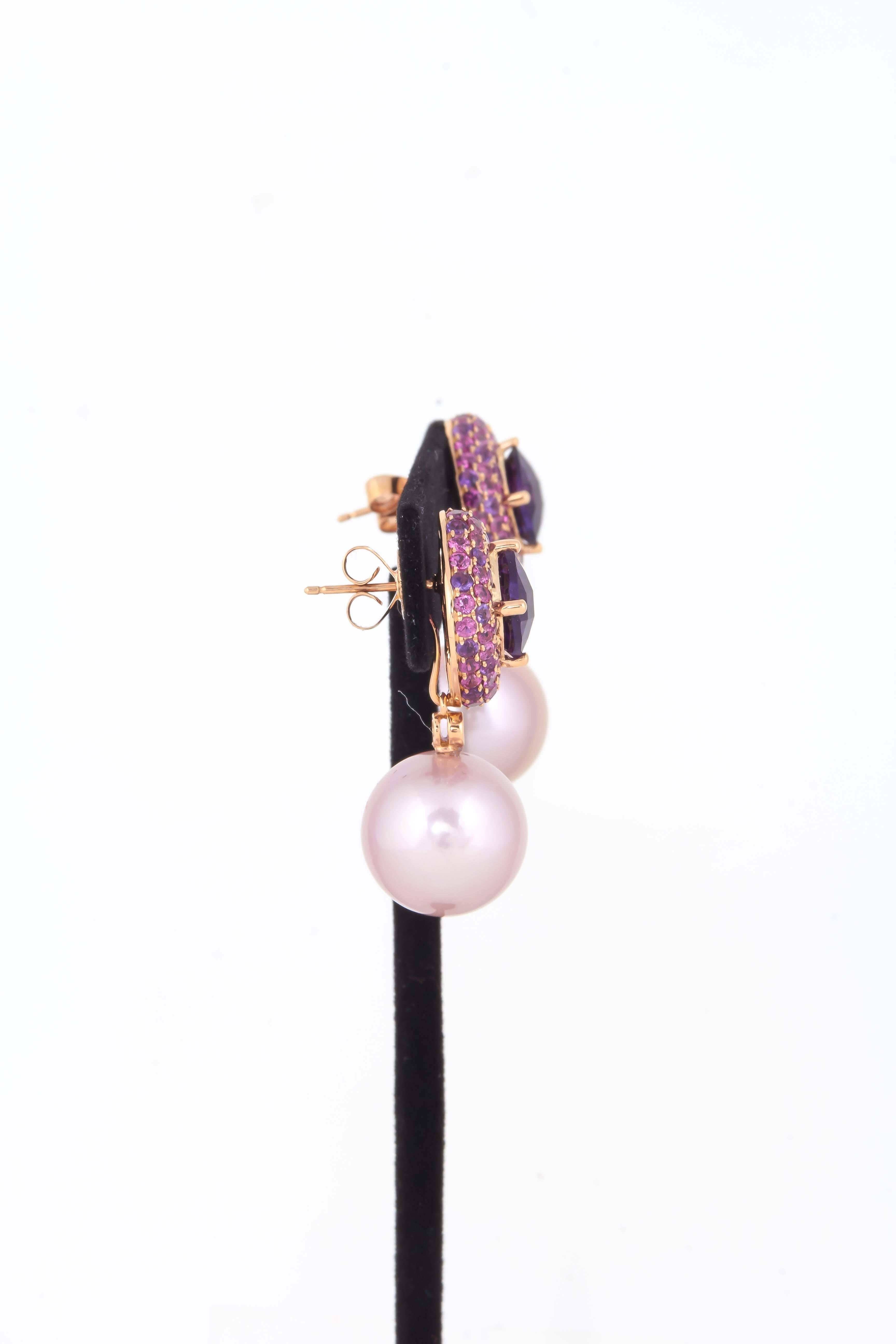 Women's Amethyst Fresh Water Pearl Gold Dangle Stud Earrings For Sale
