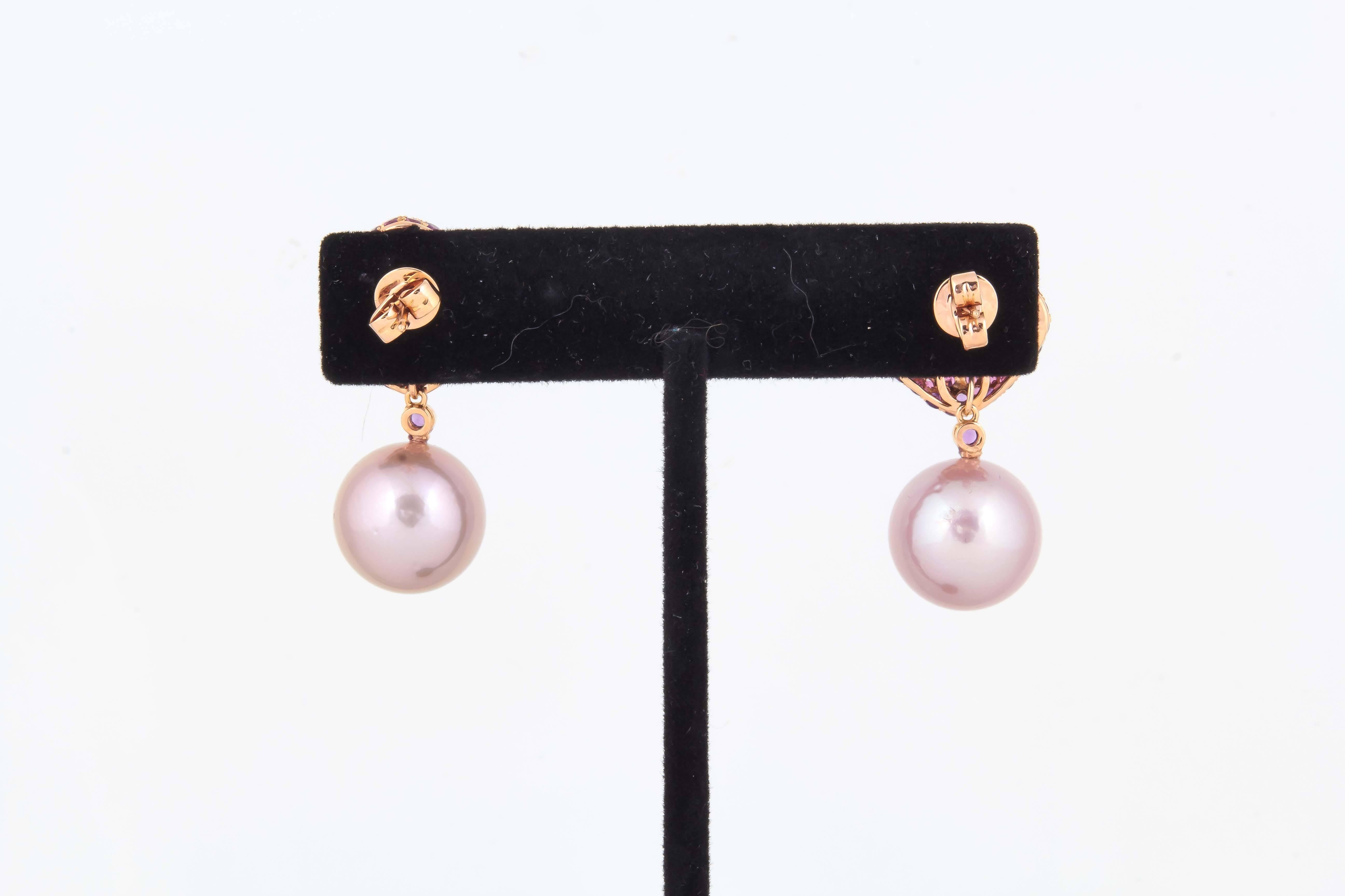 Amethyst Fresh Water Pearl Gold Dangle Stud Earrings For Sale 1