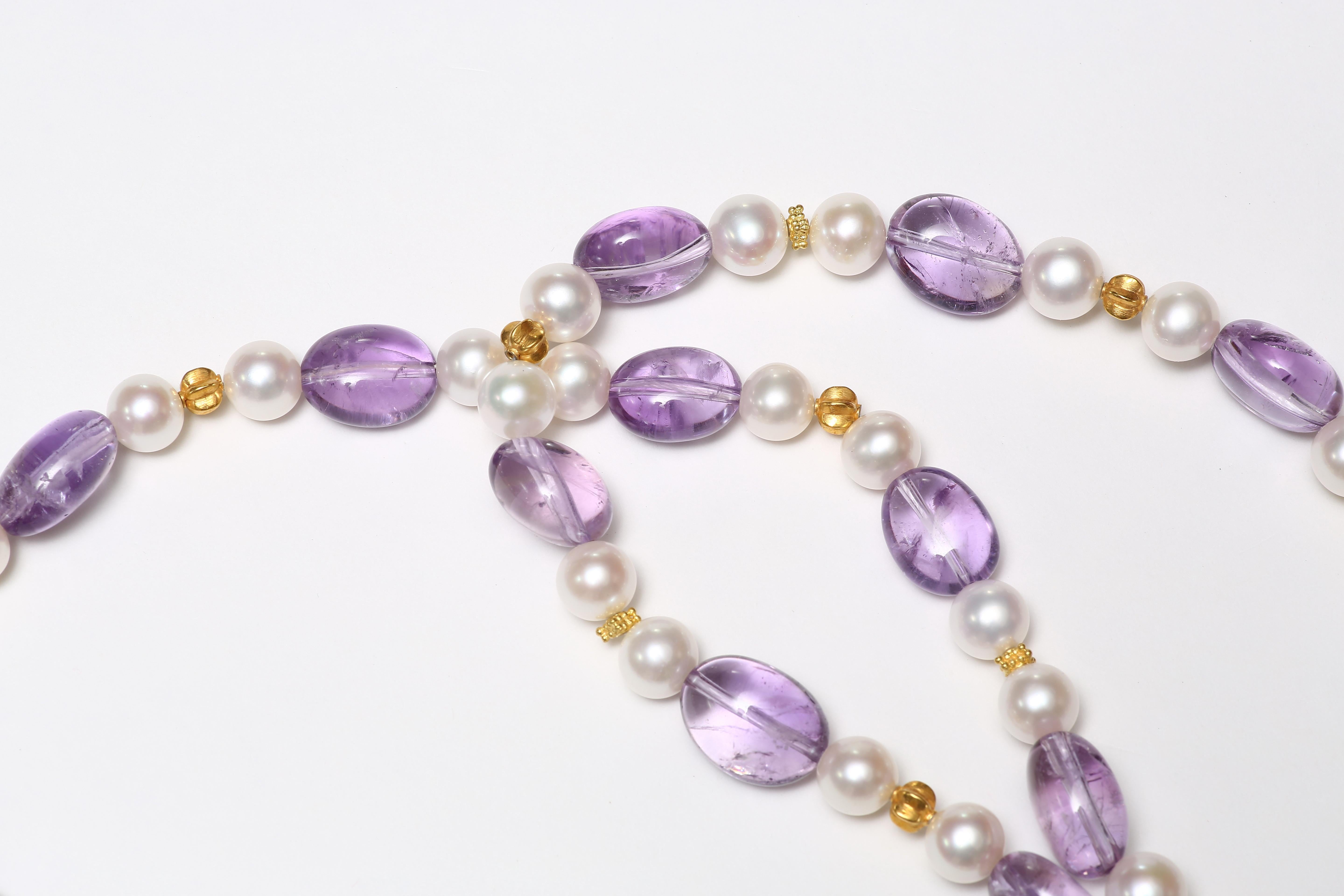 Contemporary Amethyst, Freshwater Pearl and Gold Necklace