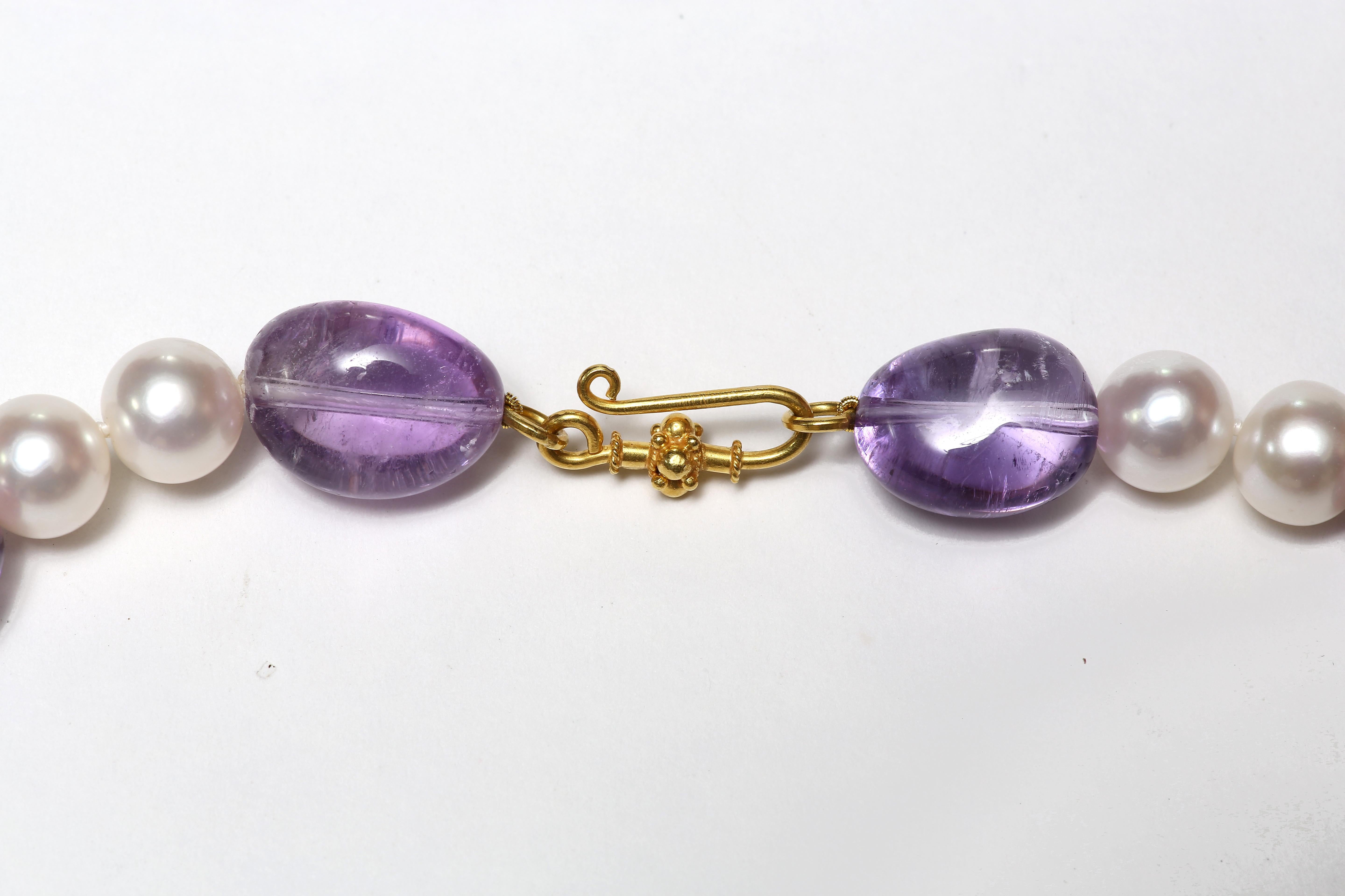 Women's or Men's Amethyst, Freshwater Pearl and Gold Necklace
