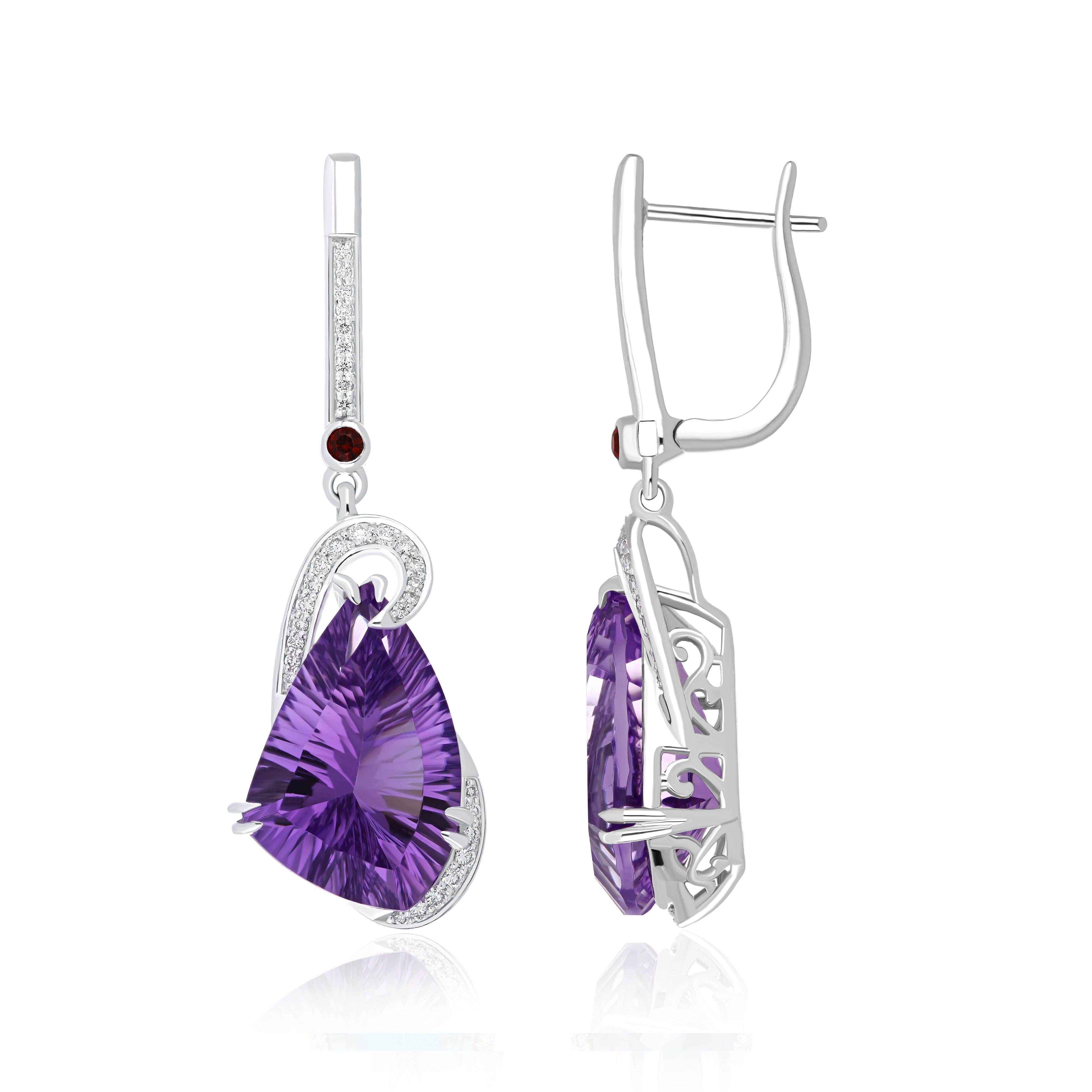 Elegant and Exquisitely Detailed 14 Karat White Gold Earring, Centre Set with 14.20Cts(approx.), Fancy Shape Concave cut Amethyst accented with contrasting Red Garnet weighing 0.10Cts(approx.), and Diamond with 0.32 Cts (approx.), 14Karat White Gold