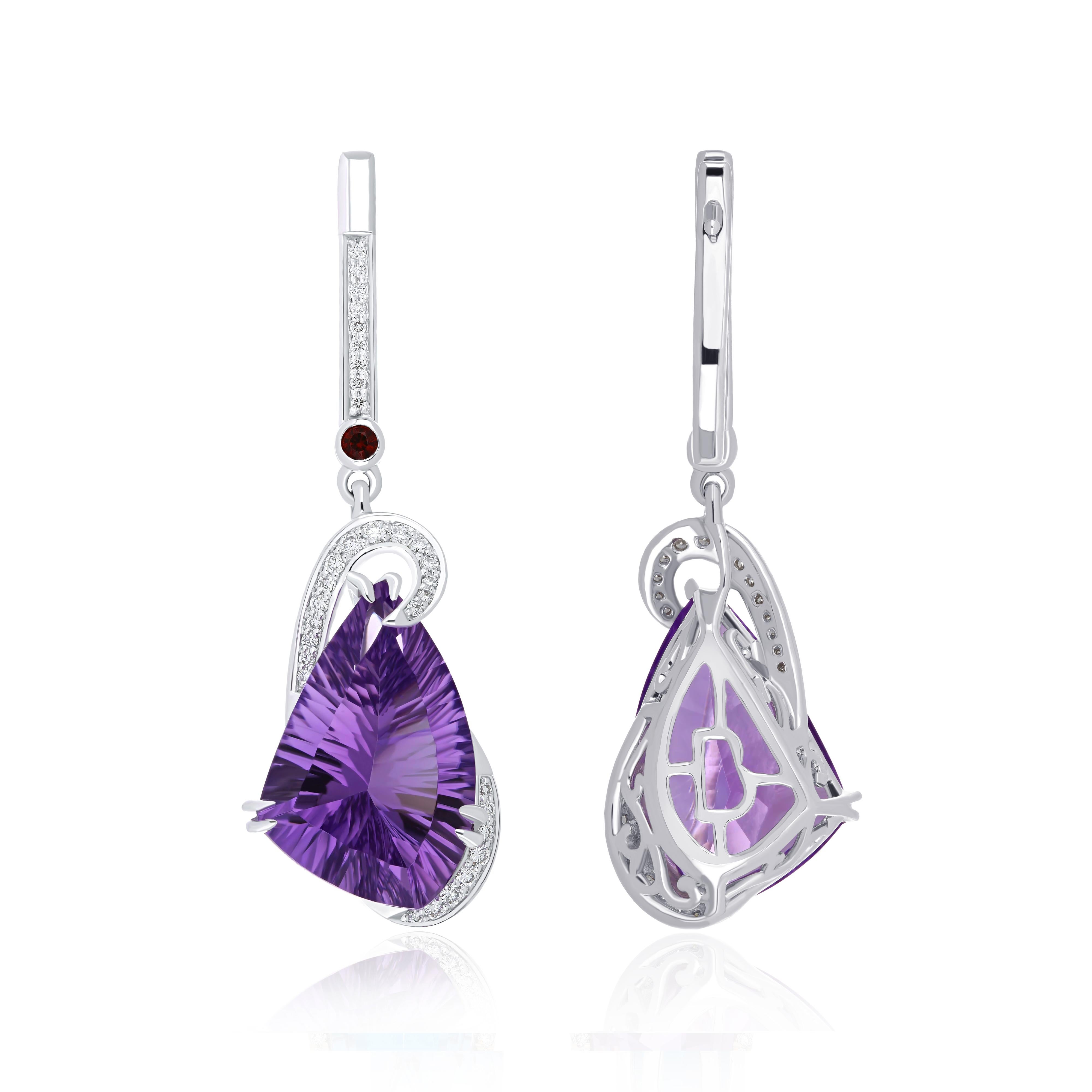 Mixed Cut 14.20Cts Amethyst, Garnet and Diamond Studded 14karat White Gold Drop Earring For Sale
