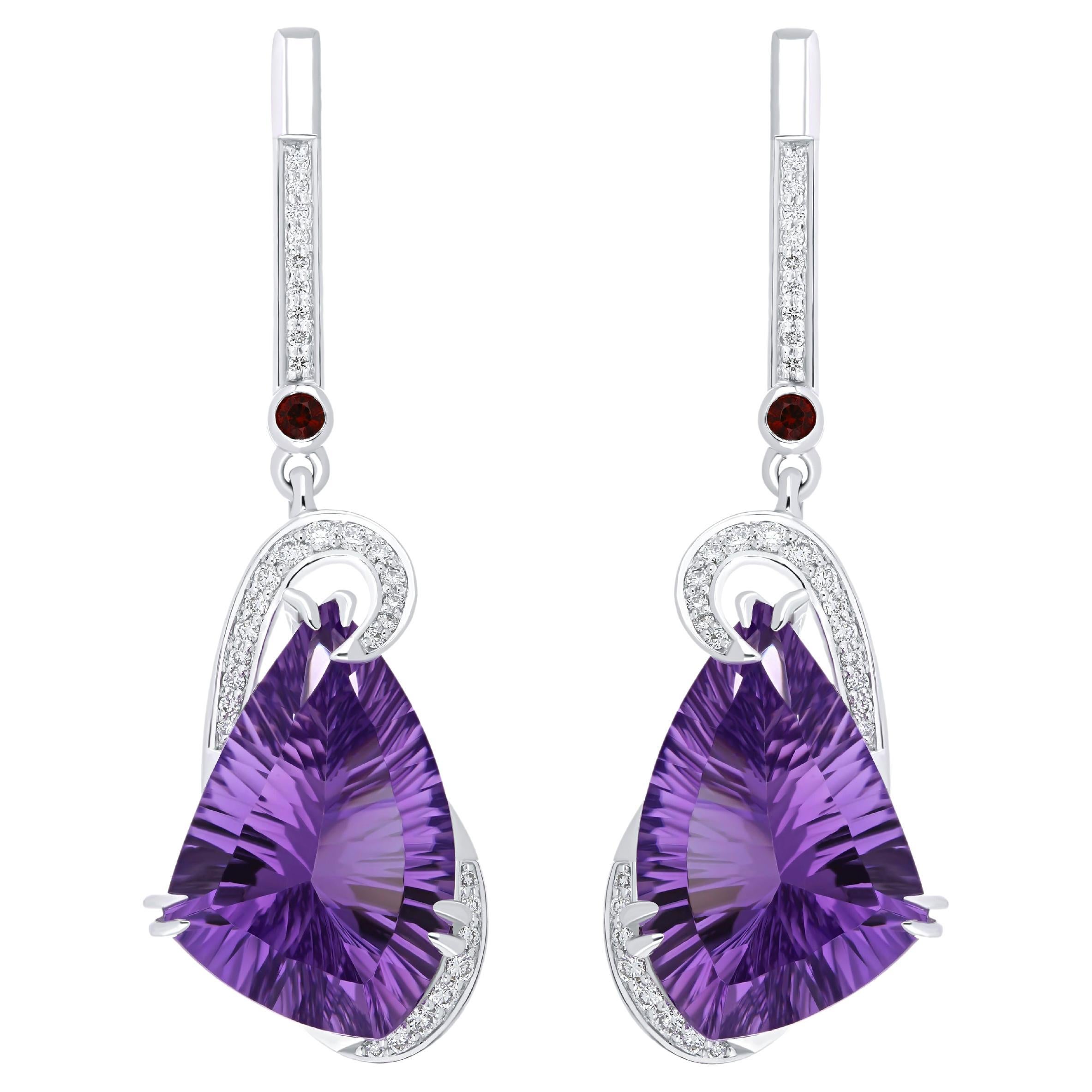 14.20Cts Amethyst, Garnet and Diamond Studded 14karat White Gold Drop Earring For Sale