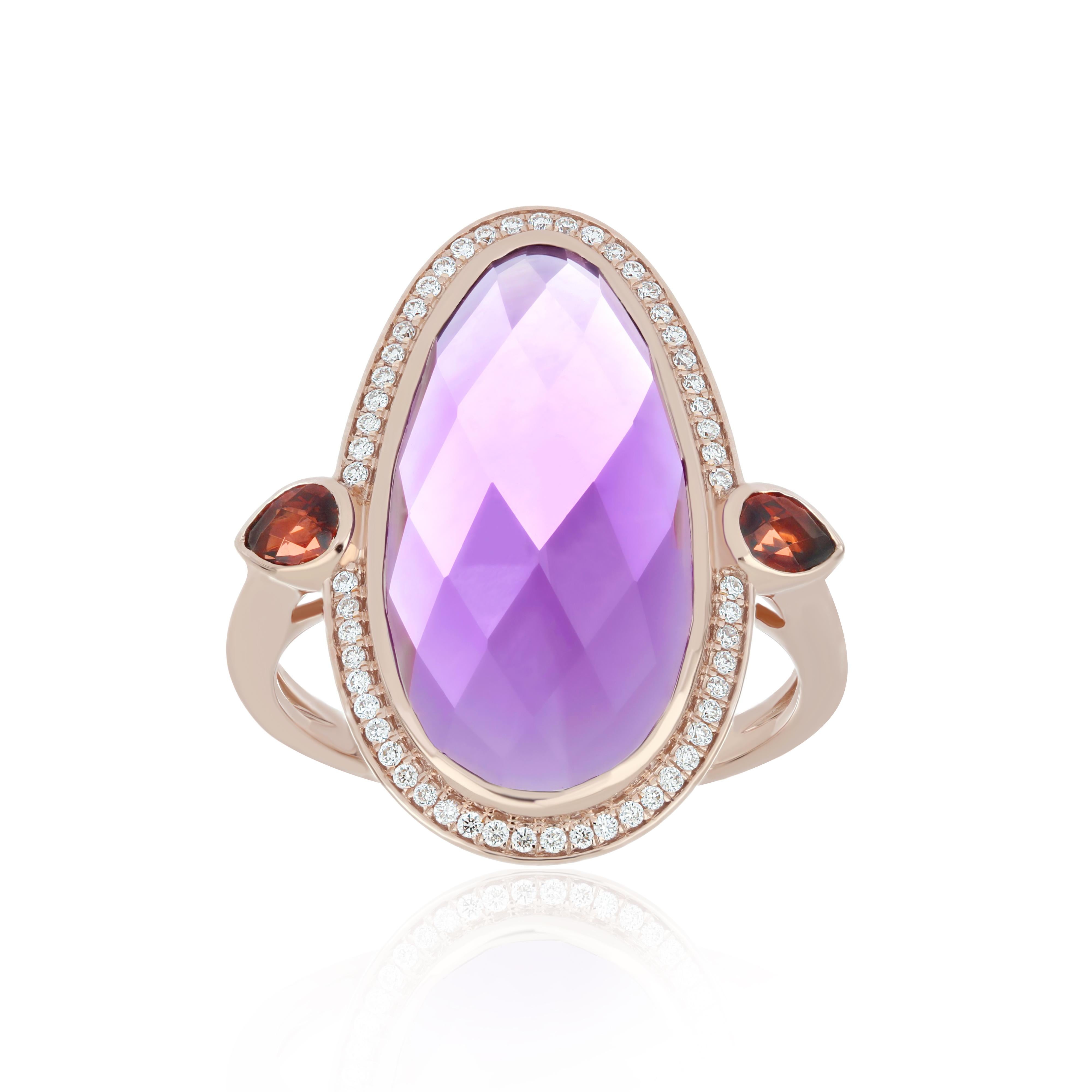 En vente :  Bague de naissance en or rose 14 carats, améthyste, grenat et diamant, faite à la main 2