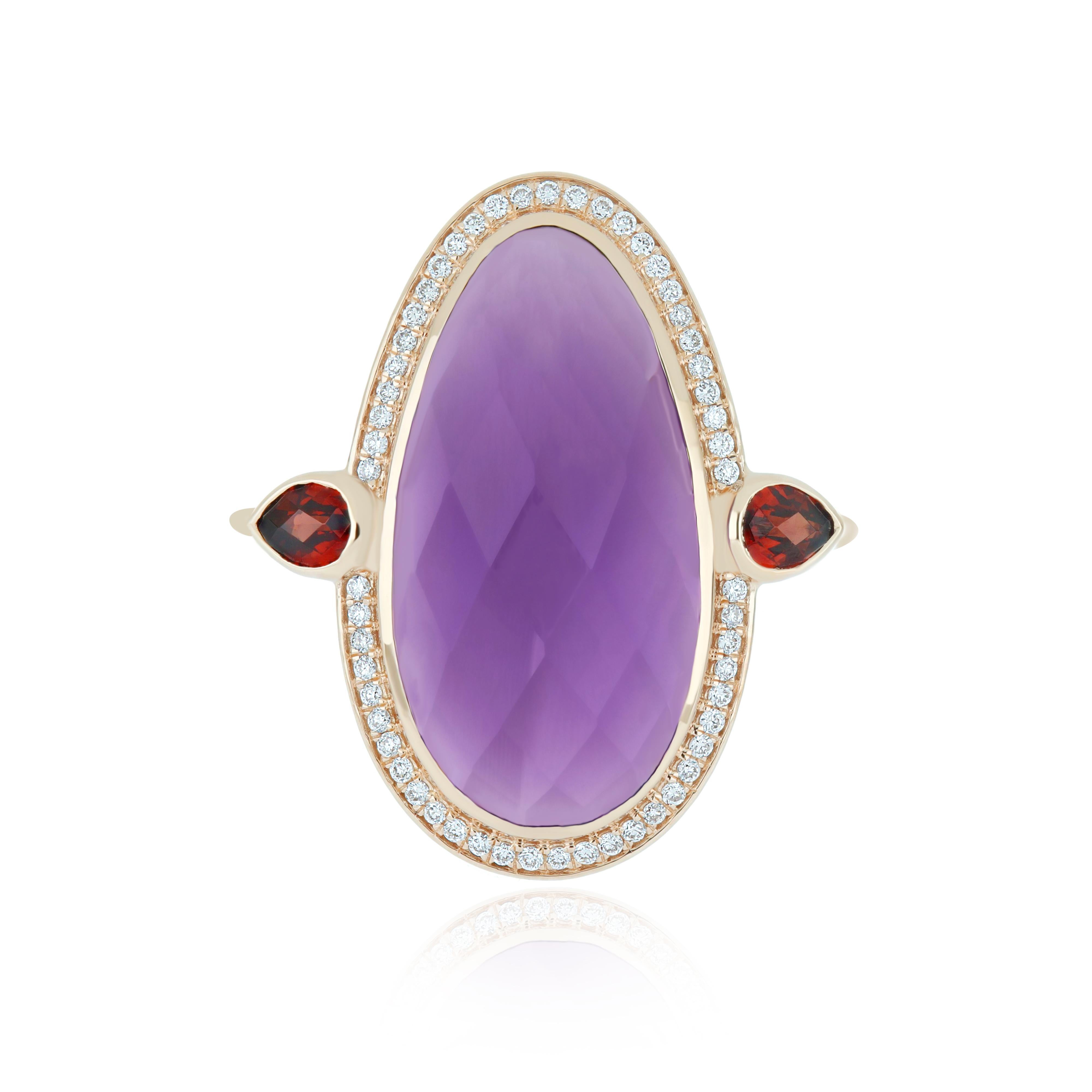 For Sale:   14K Rose Gold Handmade jewelry, Amethyst, Garnet & Diamond Ring Birth stone 7