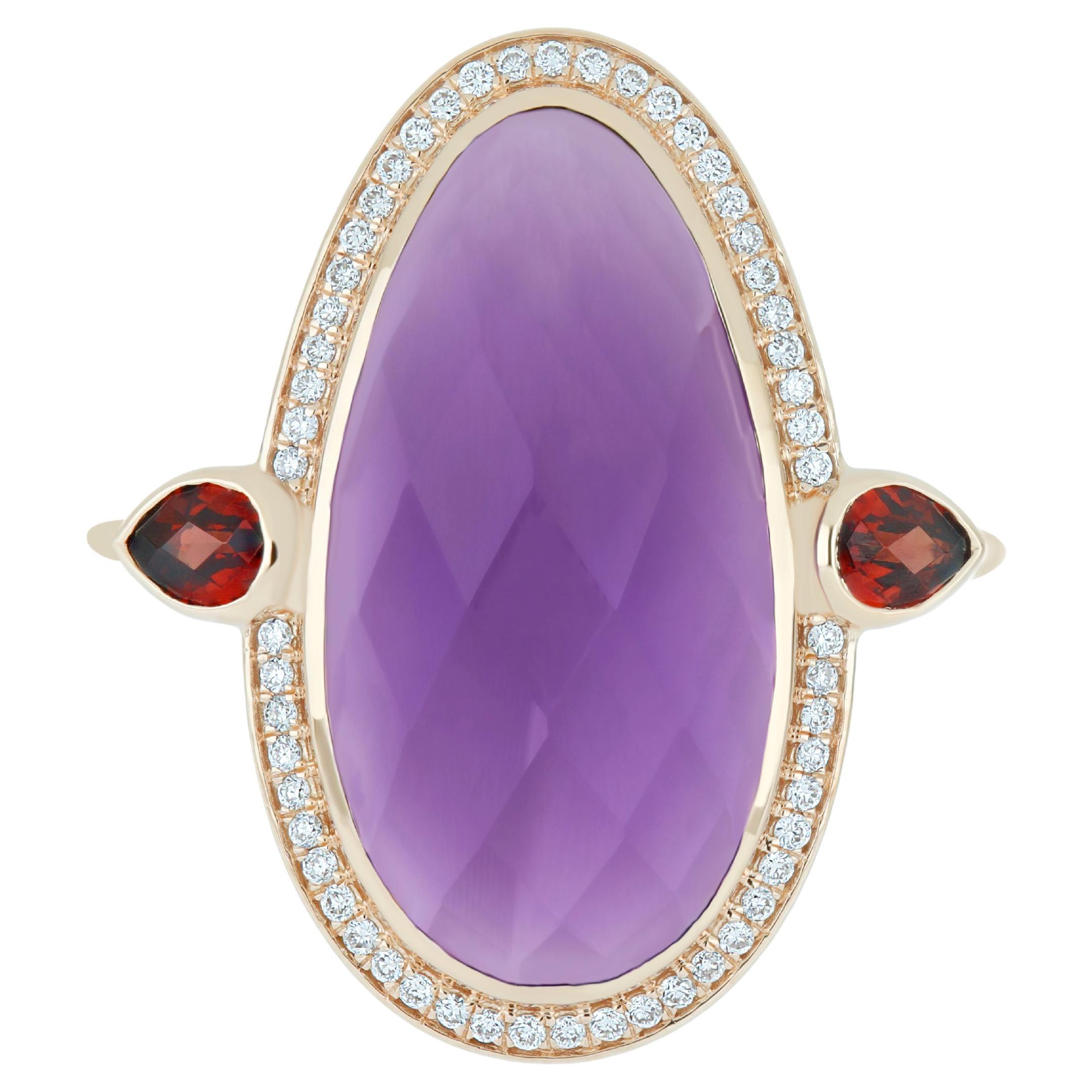 For Sale:   14K Rose Gold Handmade jewelry, Amethyst, Garnet & Diamond Ring Birth stone