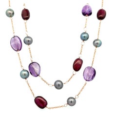 Amethyst, Garnet and Gray Pearl Double Strand Rose Gold Vintage Necklace
