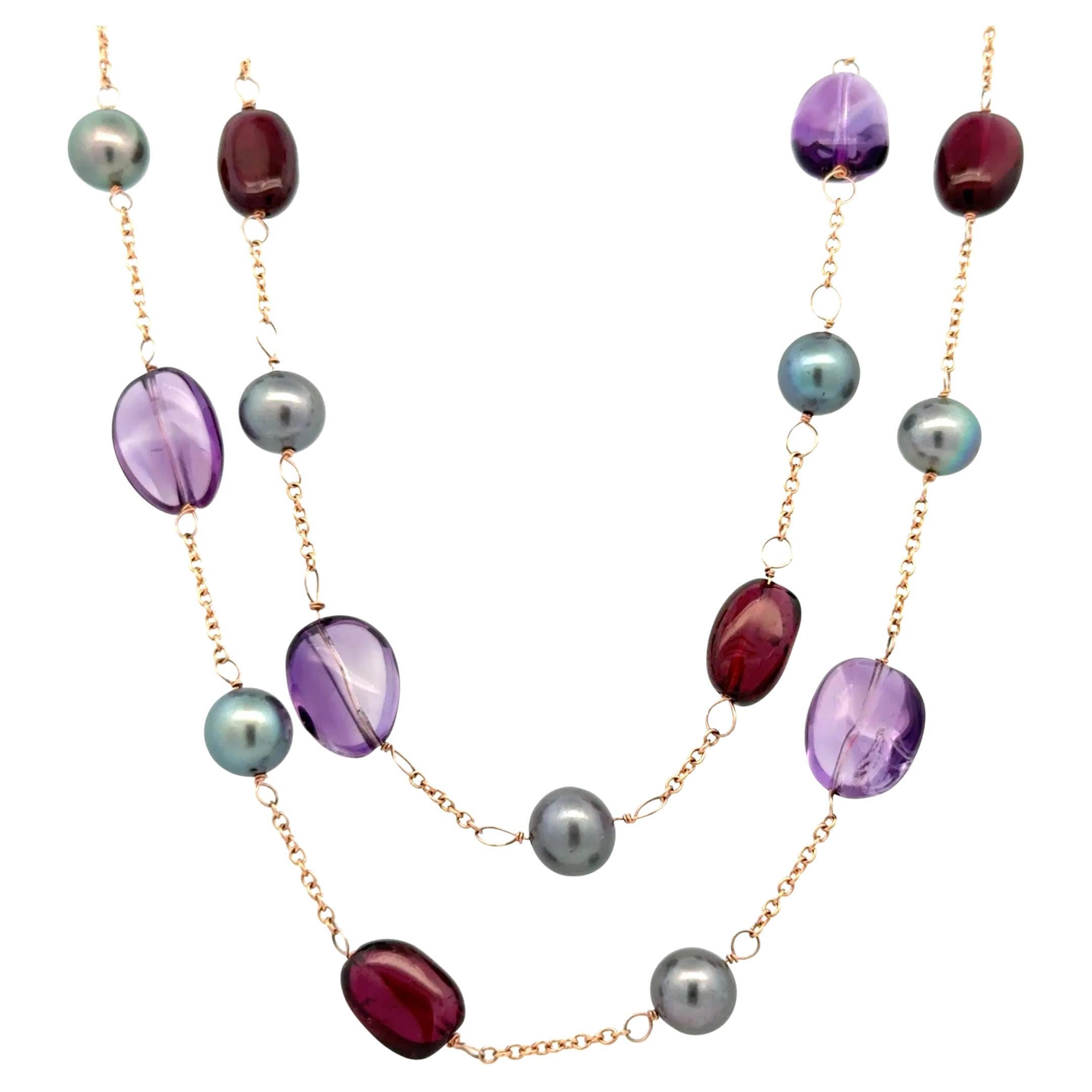 Collier Vintage en or rose à deux rangs d'améthyste, grenat et perles grises