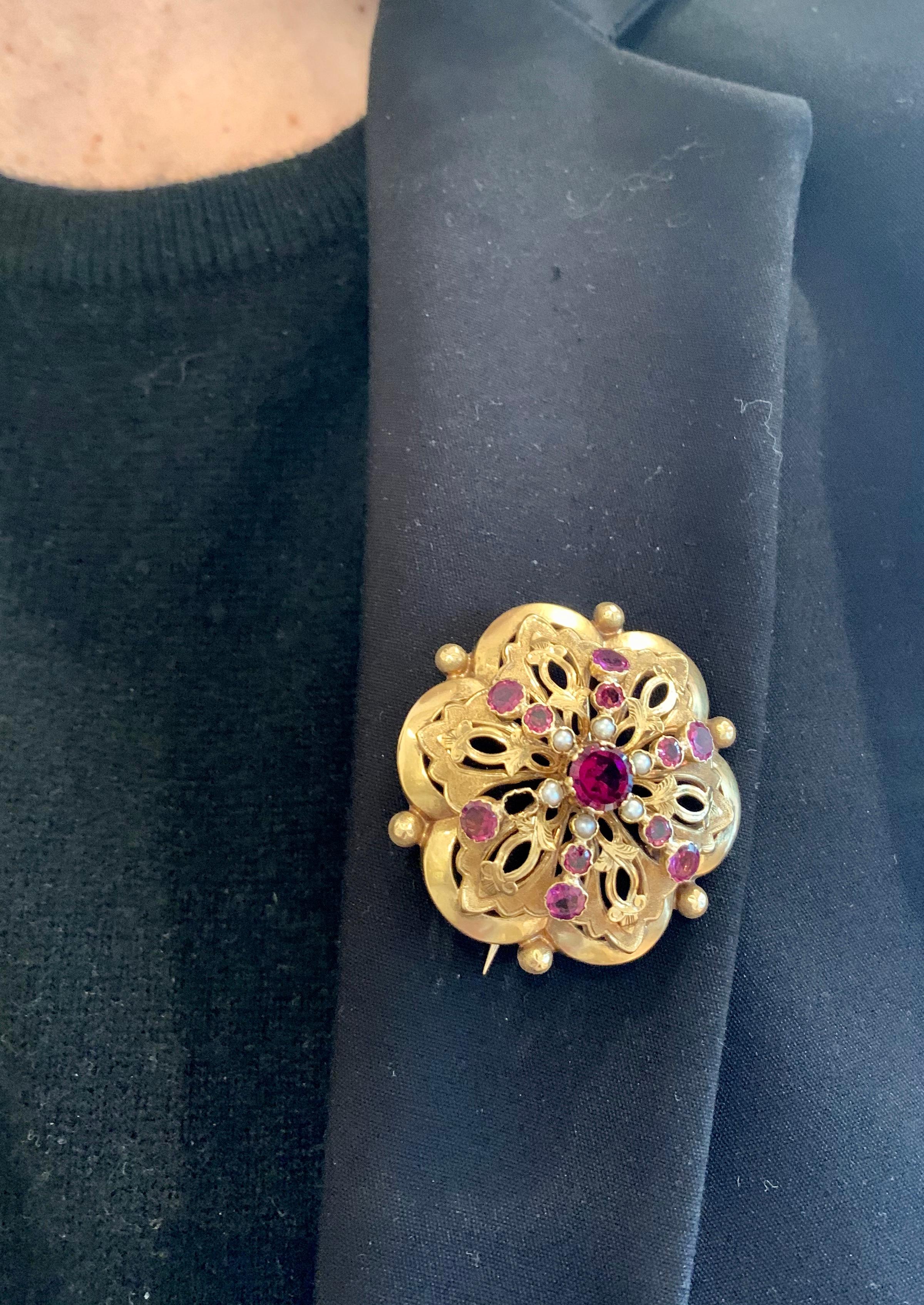 Women's or Men's Amethyst, Garnet and Pearls 18 Carat Yellow Gold Brooch