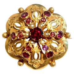 Amethyst, Garnet and Pearls 18 Carat Yellow Gold Brooch