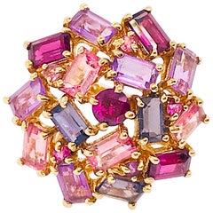 Amethyst, Garnet and Tourmaline Cluster Fashion Cocktail Ring in 14k Yellow Gold