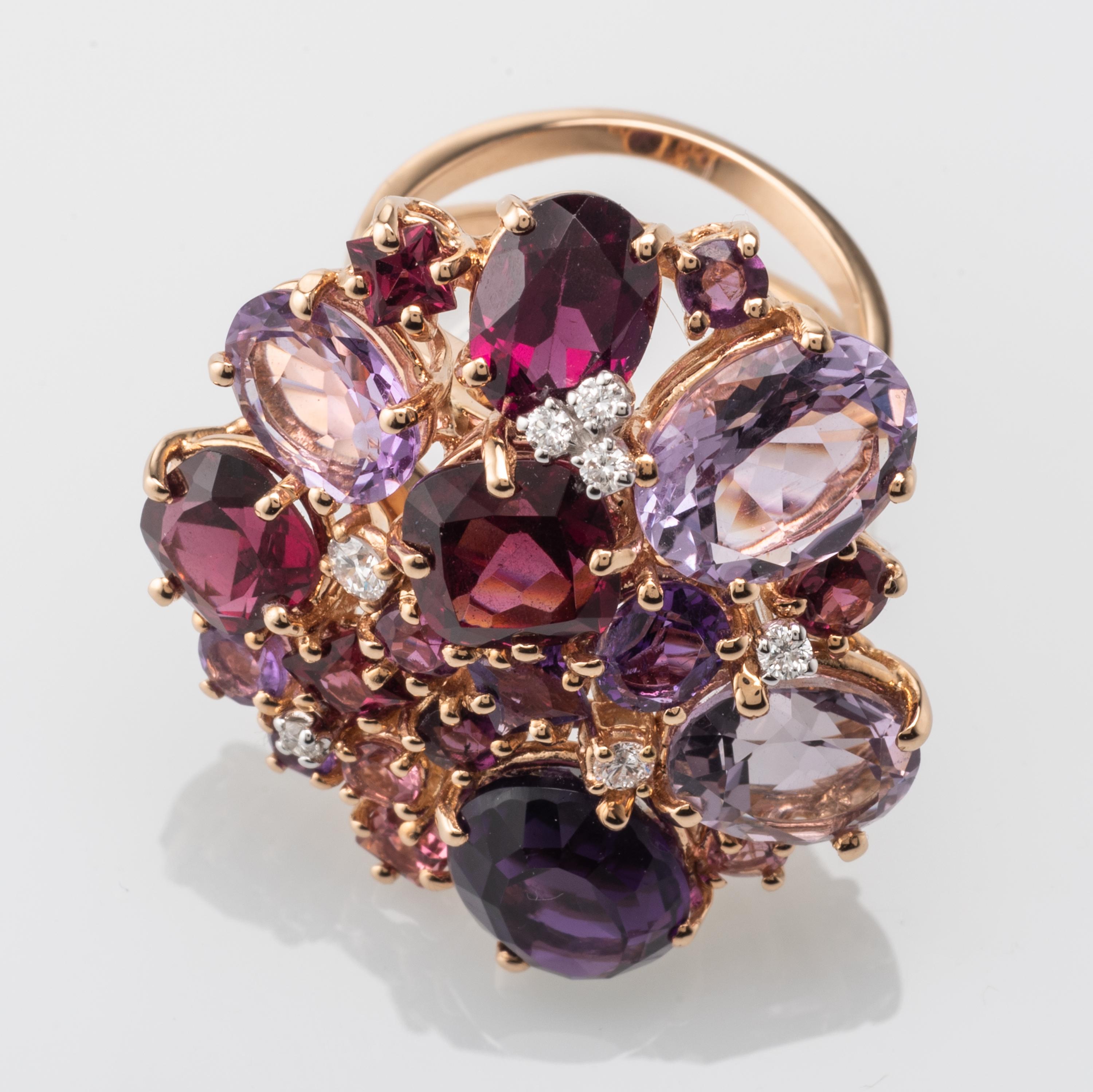 Oval Cut Amethyst Garnet Diamond 18 Karat Rose Gold Ring For Sale