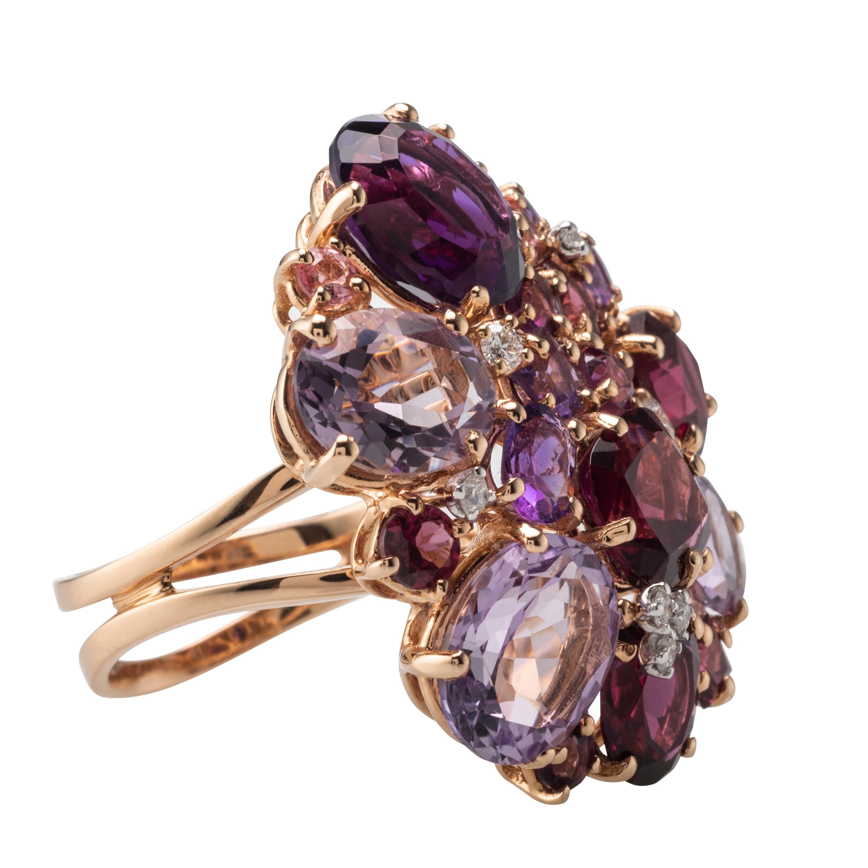Amethyst Garnet Diamond 18 Karat Rose Gold Ring For Sale 1
