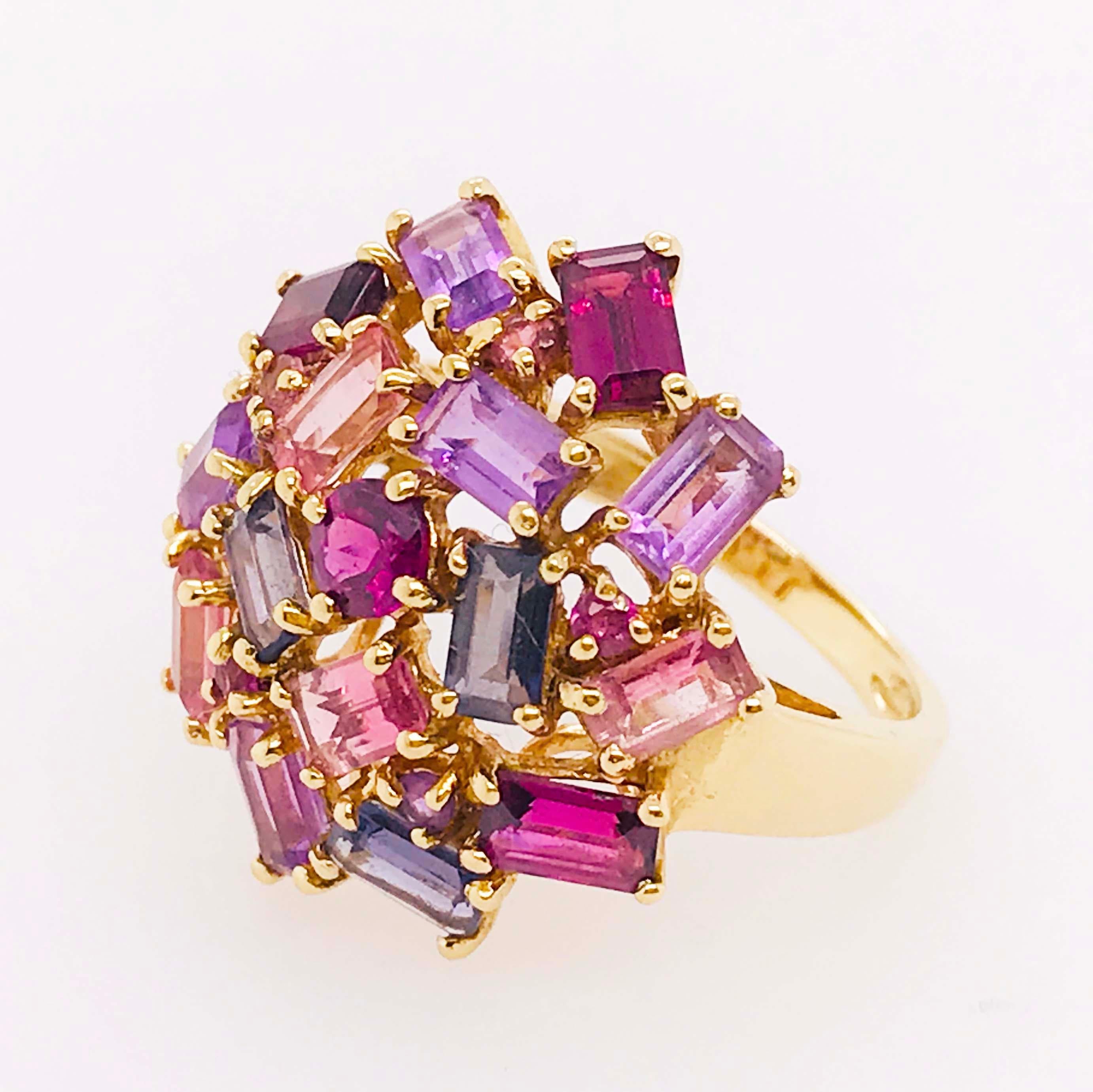 Baguette Cut Amethyst, Garnet and Tourmaline Cluster Fashion Cocktail Ring in 14k Yellow Gold