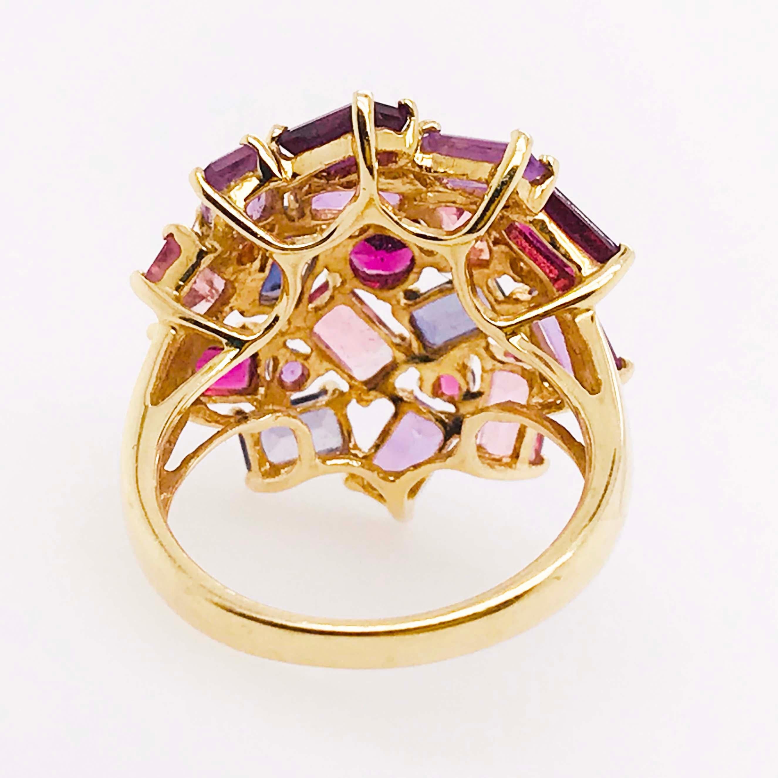 Amethyst, Garnet and Tourmaline Cluster Fashion Cocktail Ring in 14k Yellow Gold In Excellent Condition In Austin, TX