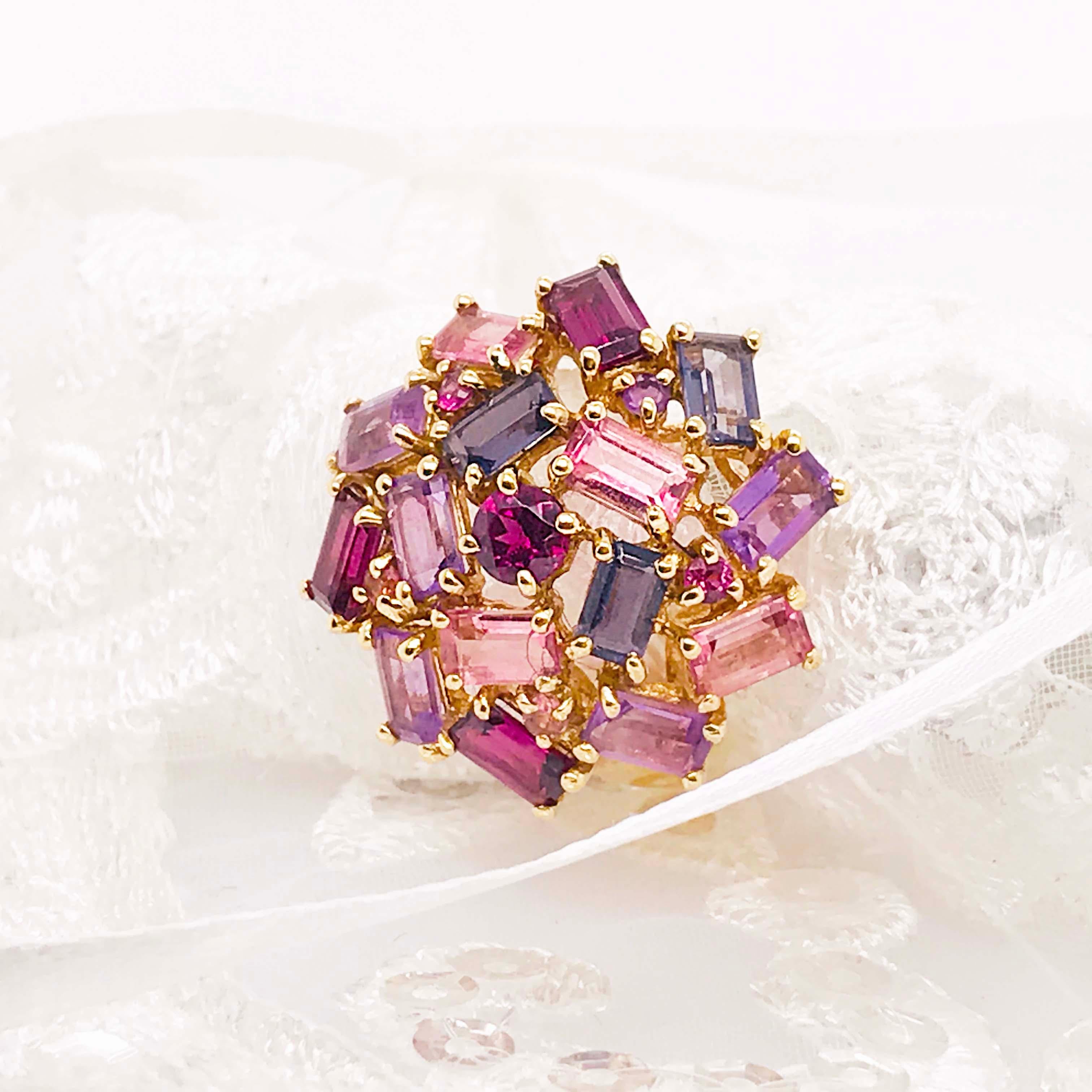 Women's Amethyst, Garnet and Tourmaline Cluster Fashion Cocktail Ring in 14k Yellow Gold