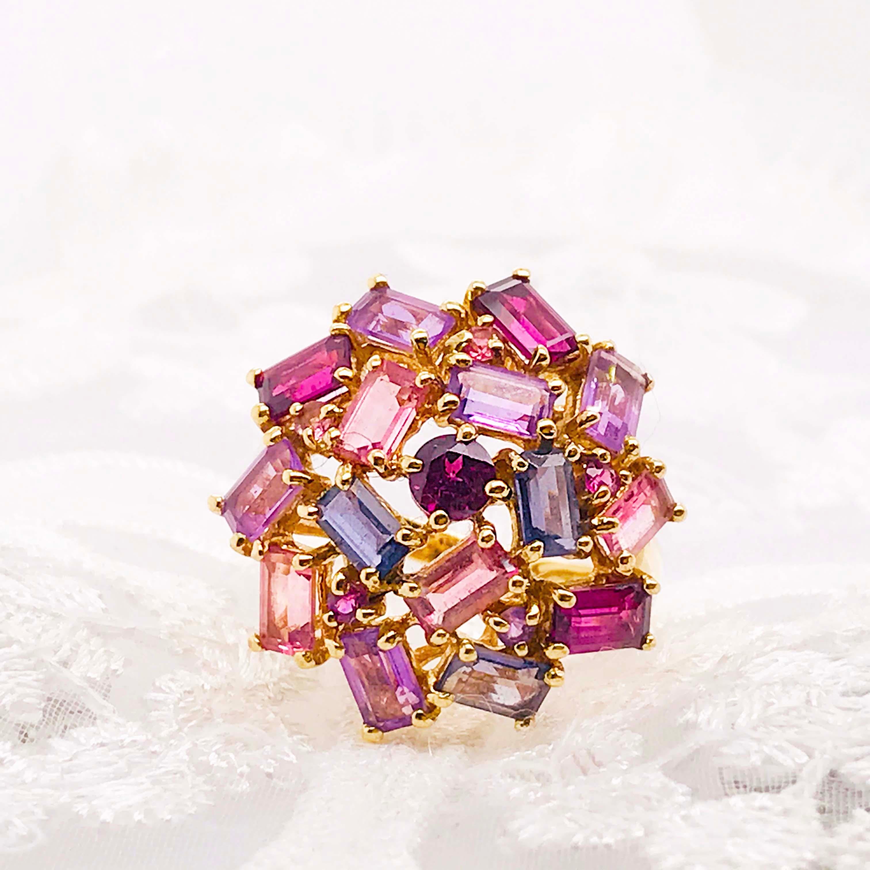 Amethyst, Garnet and Tourmaline Cluster Fashion Cocktail Ring in 14k Yellow Gold 1