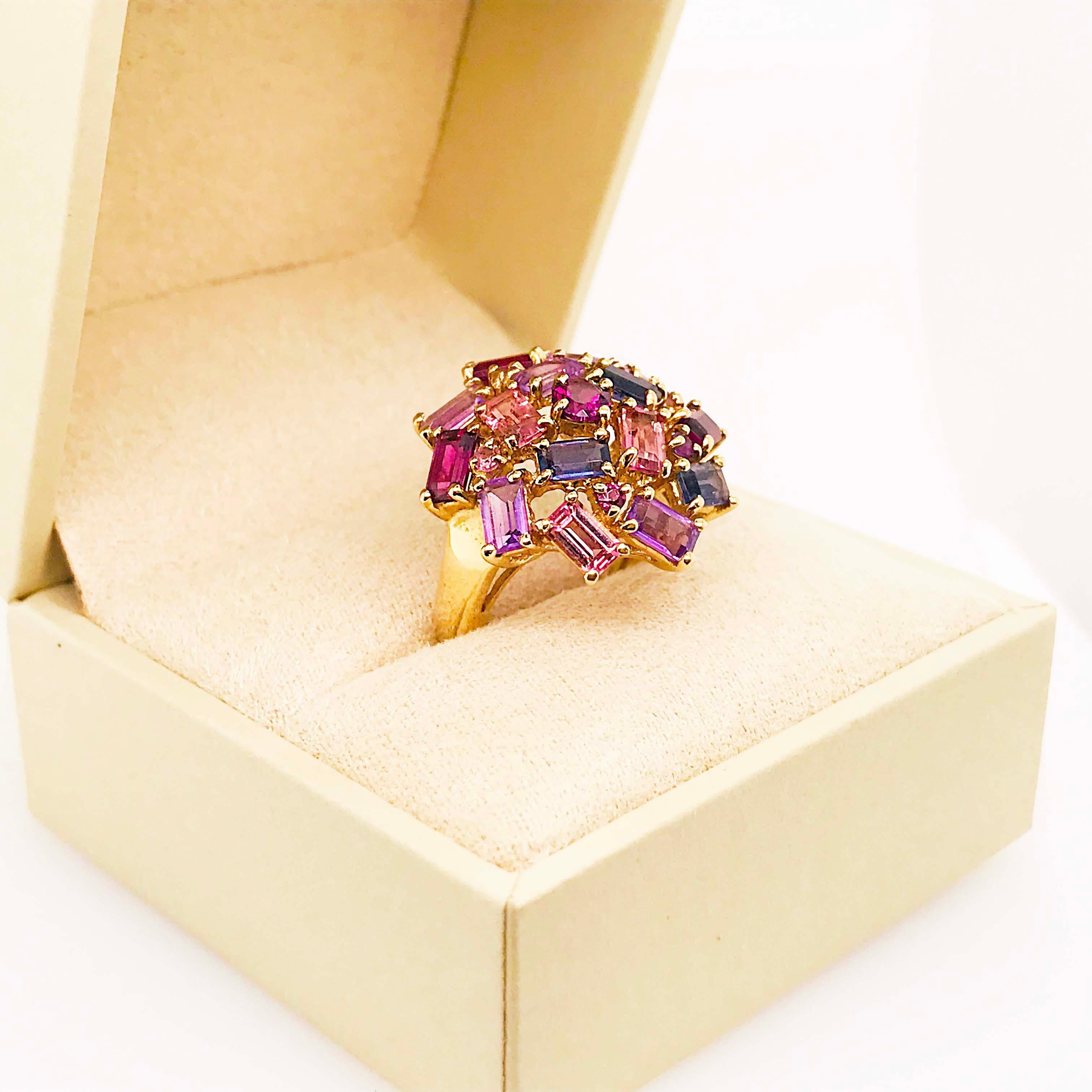 Amethyst, Garnet and Tourmaline Cluster Fashion Cocktail Ring in 14k Yellow Gold 2