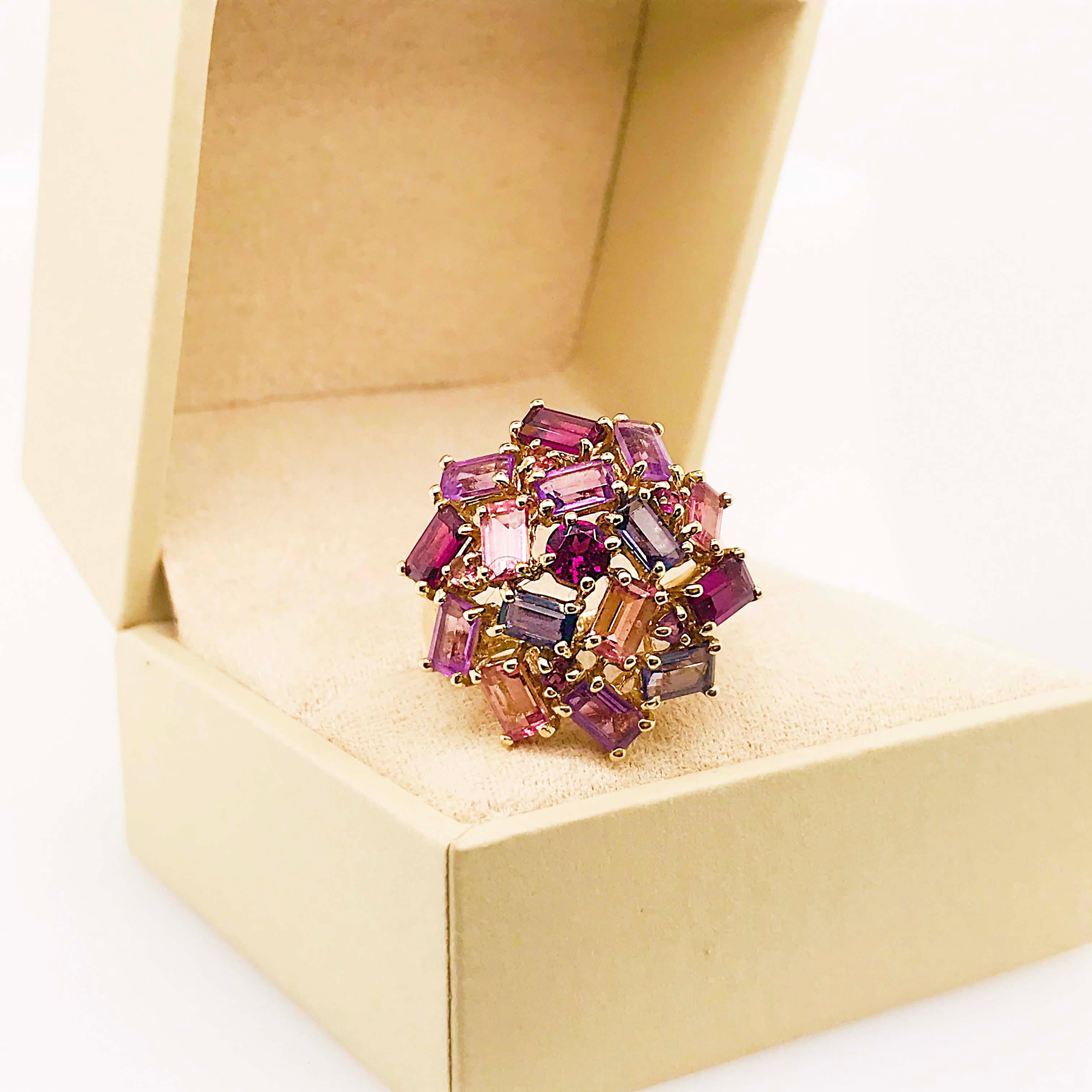 Amethyst, Garnet and Tourmaline Cluster Fashion Cocktail Ring in 14k Yellow Gold 3