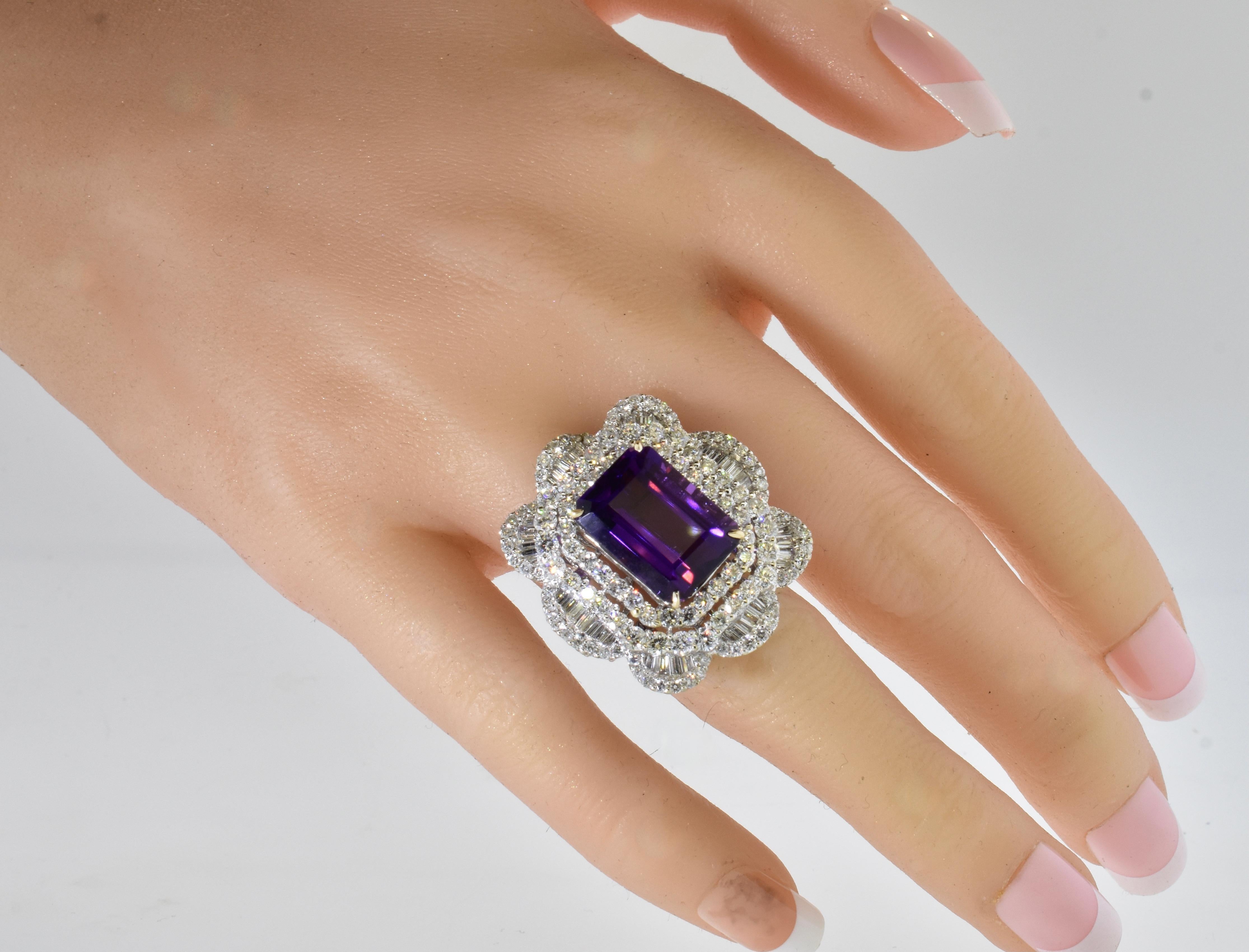 Amethyst - Gem Quality with White Diamond in 18K White Gold Hand Crafted Ring For Sale 6