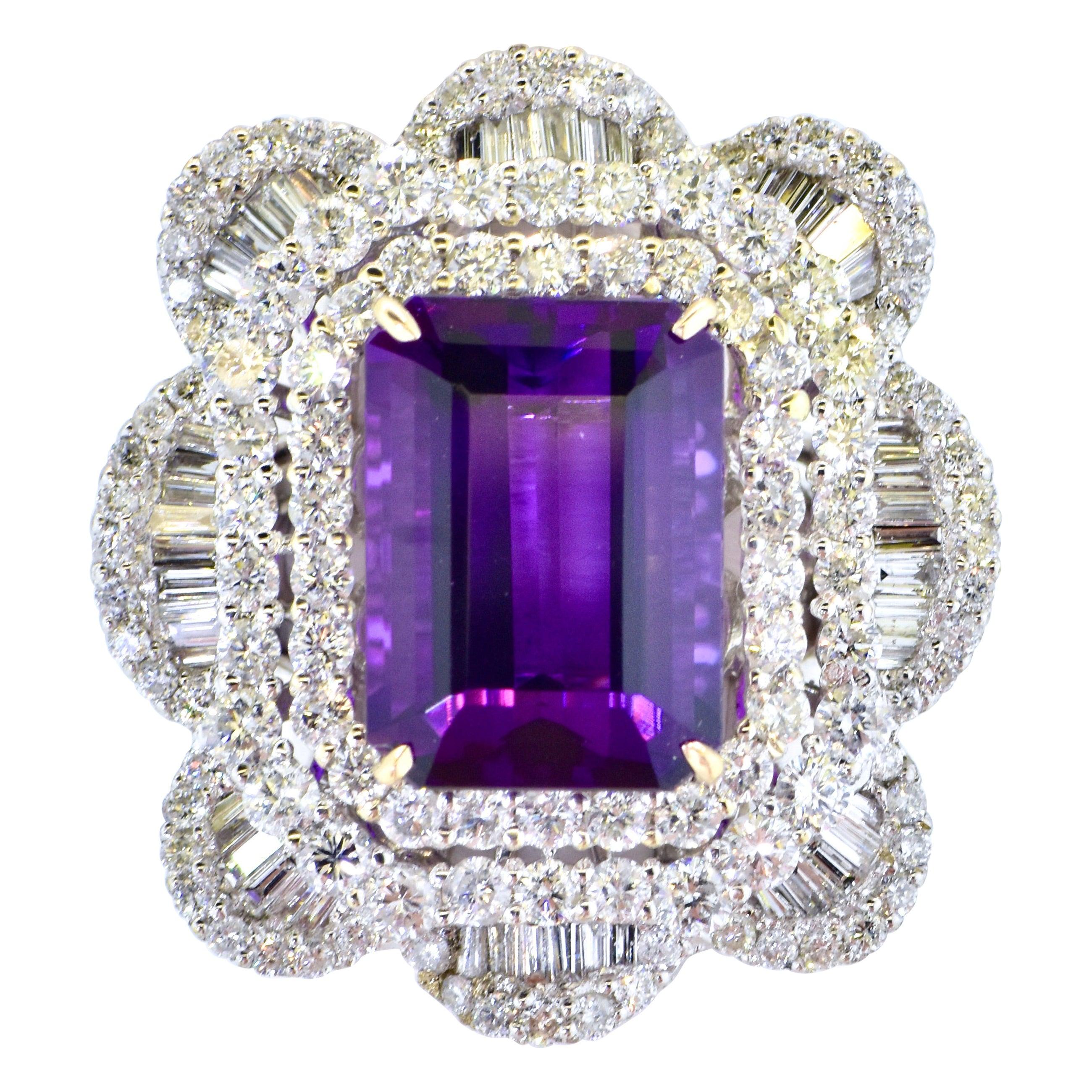 Emerald Cut Amethyst - Gem Quality with White Diamond in 18K White Gold Hand Crafted Ring For Sale
