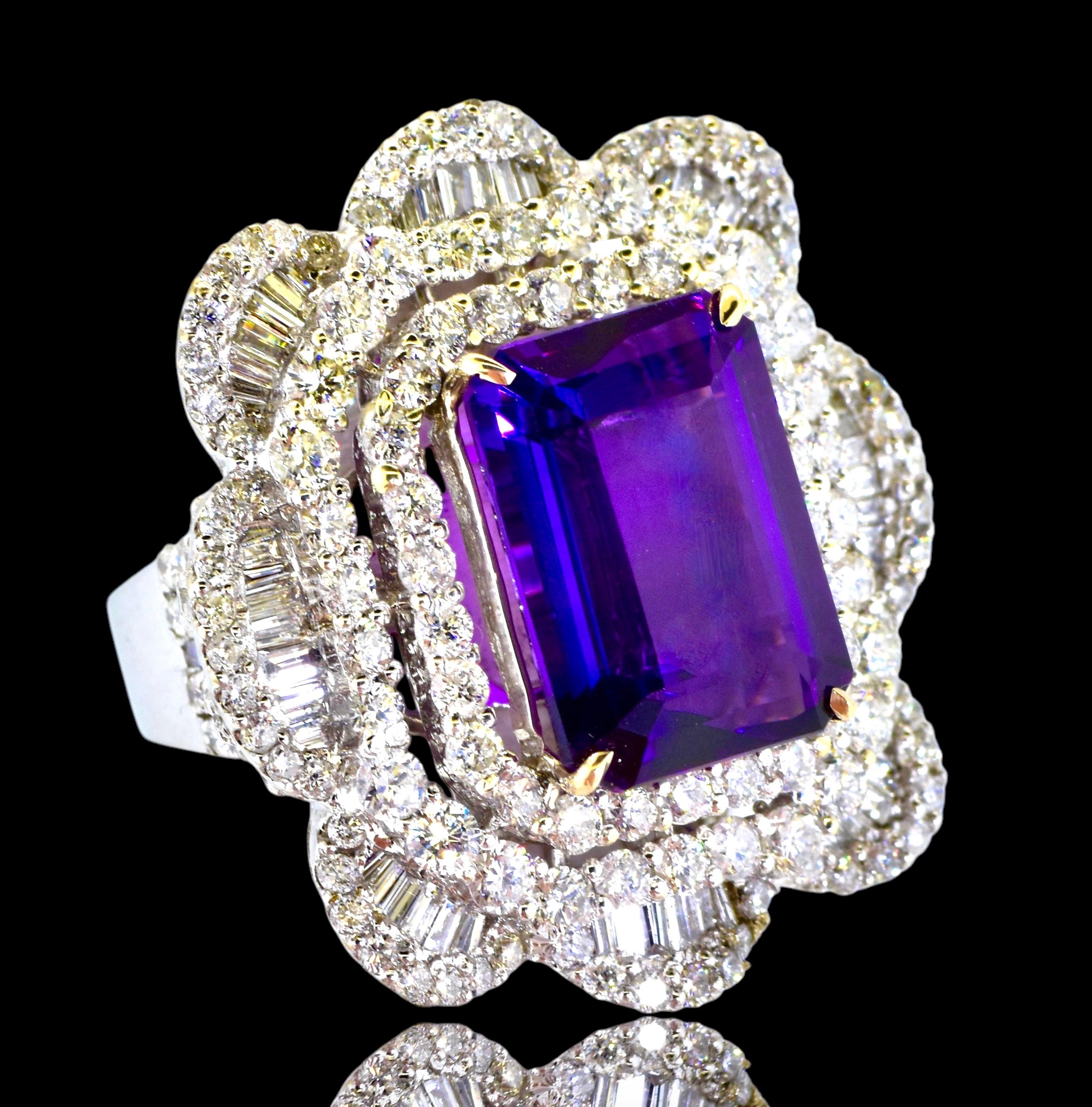 Emerald Cut Amethyst - Gem Quality with White Diamond in 18K White Gold Hand Crafted Ring For Sale
