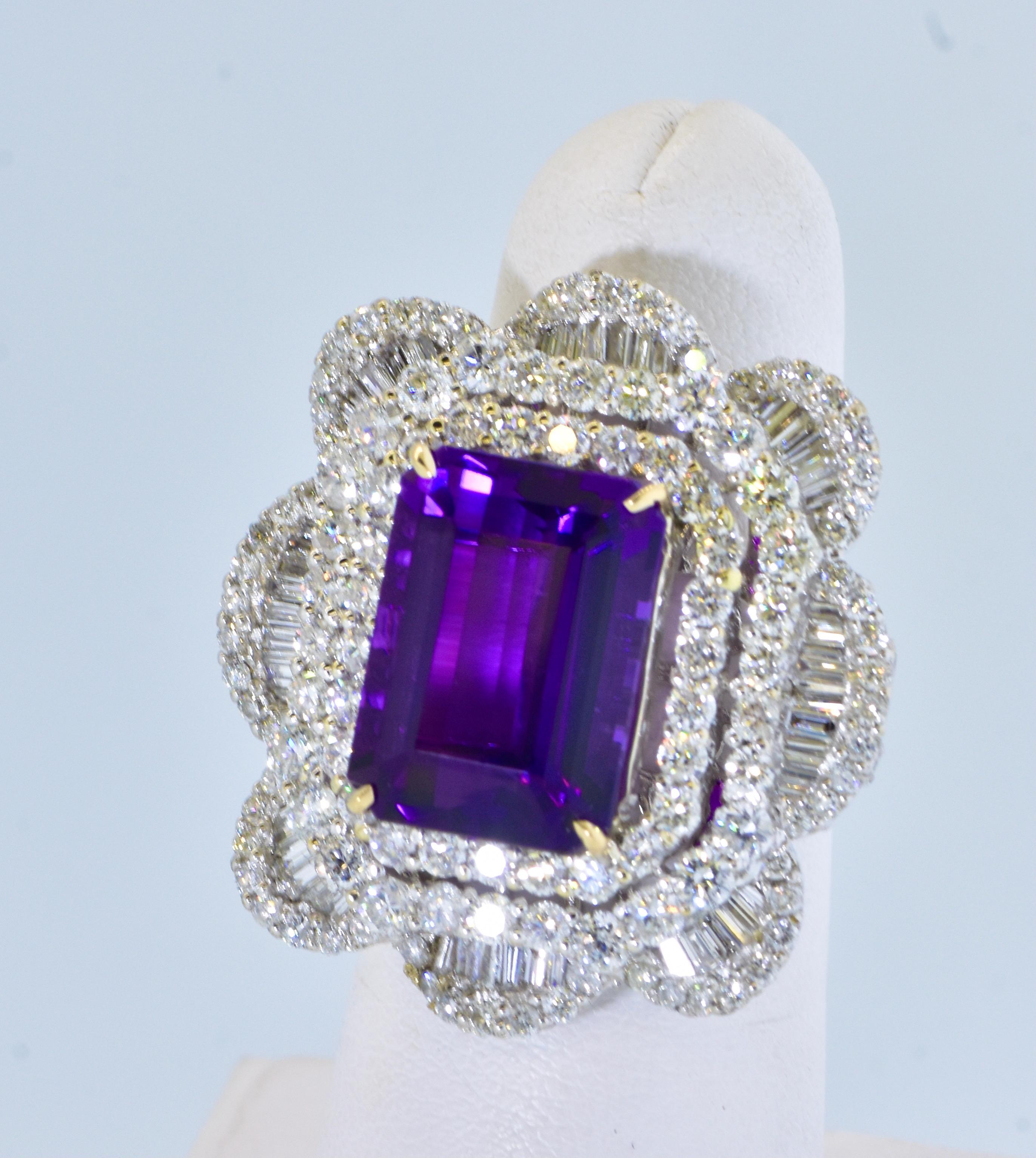 Amethyst - Gem Quality with White Diamond in 18K White Gold Hand Crafted Ring For Sale 1