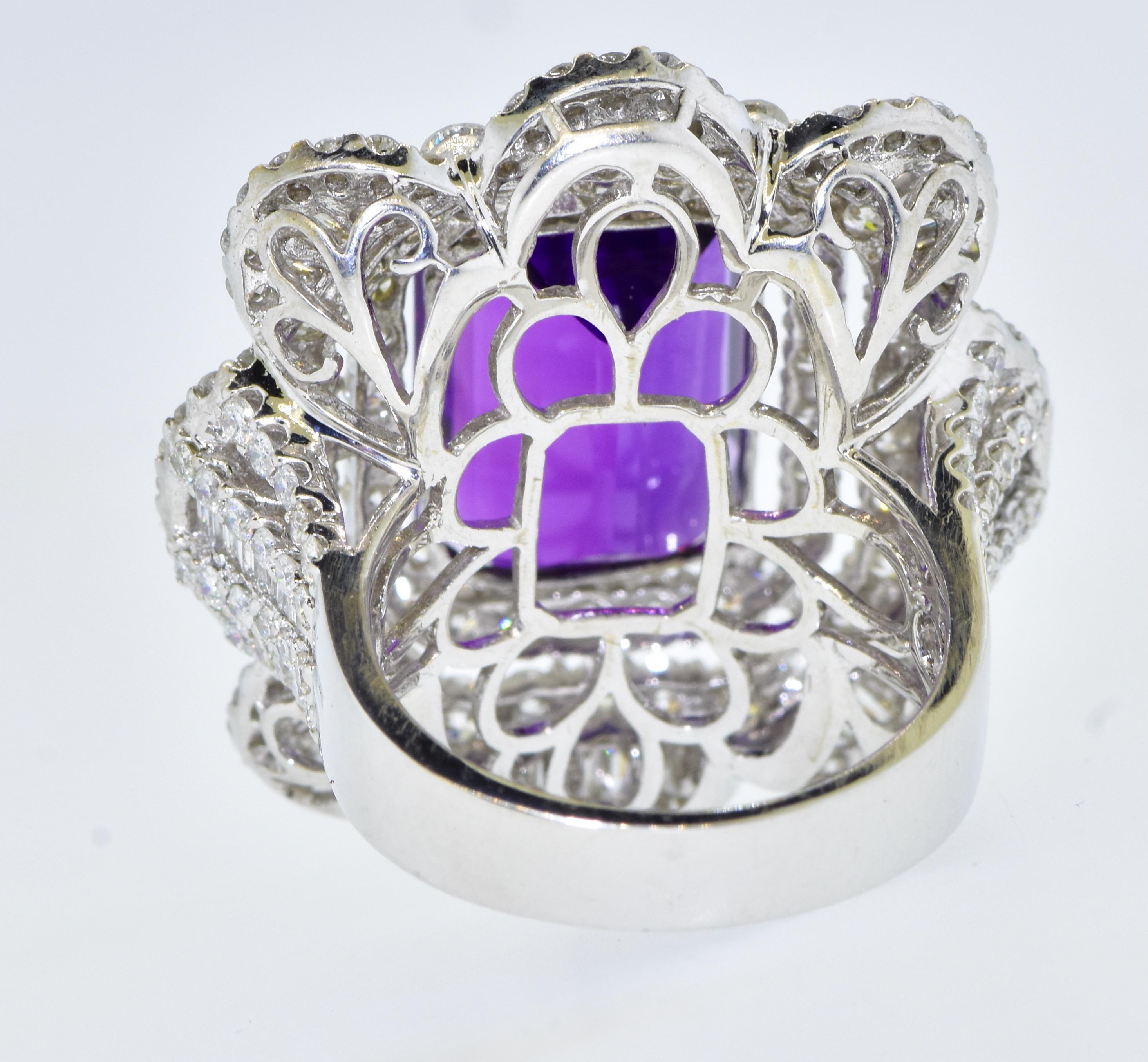 Amethyst - Gem Quality with White Diamond in 18K White Gold Hand Crafted Ring For Sale 3
