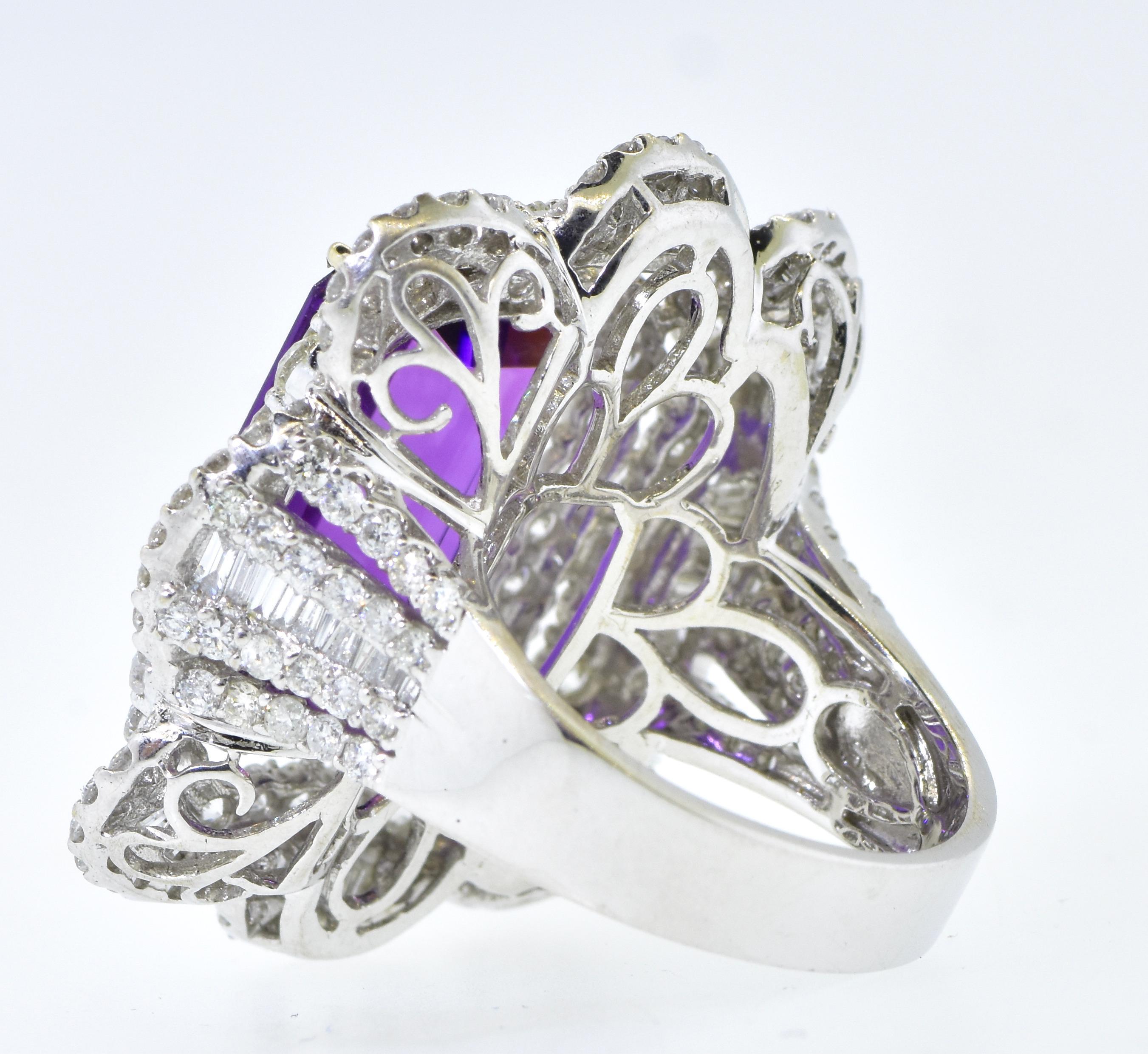 Amethyst - Gem Quality with White Diamond in 18K White Gold Hand Crafted Ring For Sale 3